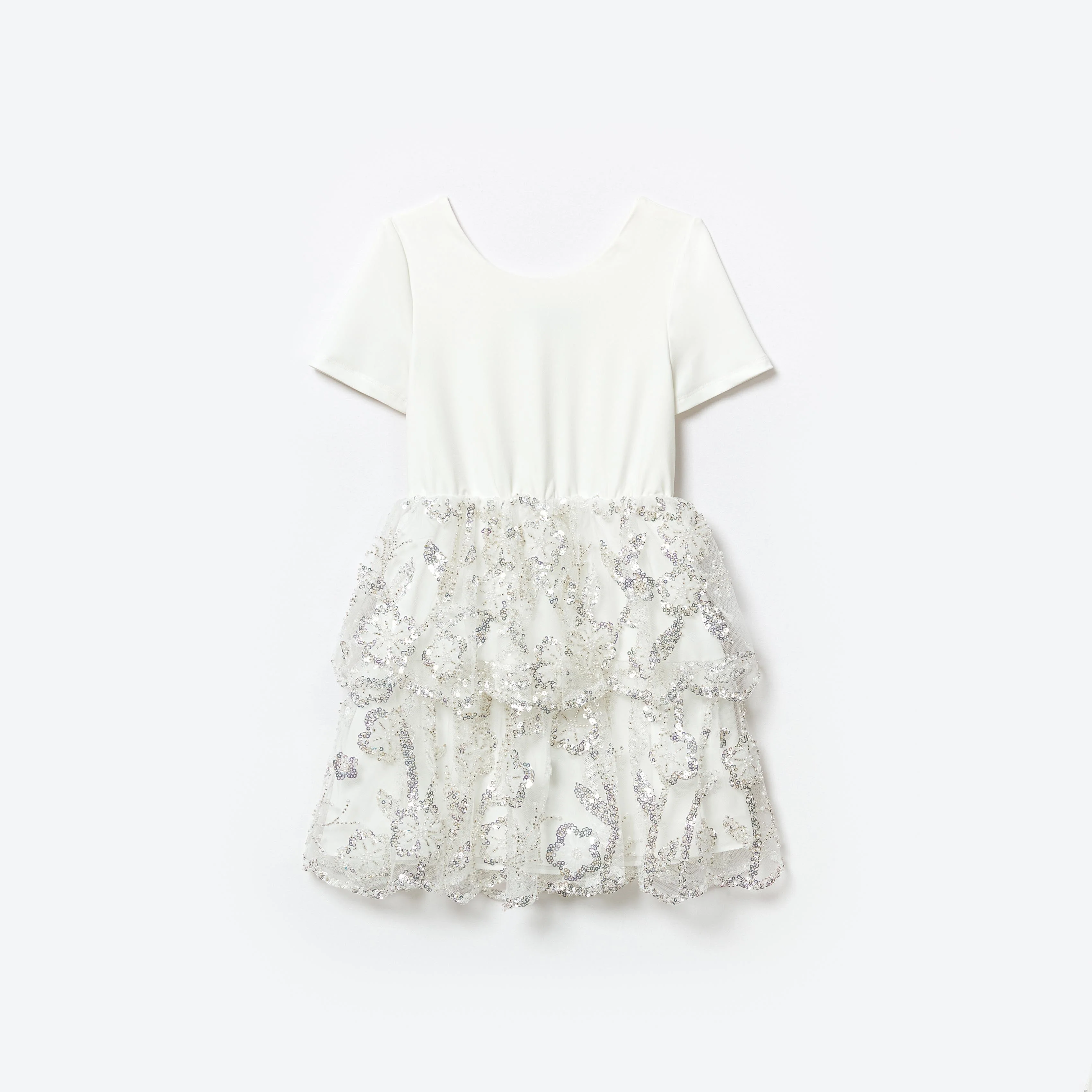 White Jersey Sequin Tulle Mini Dress