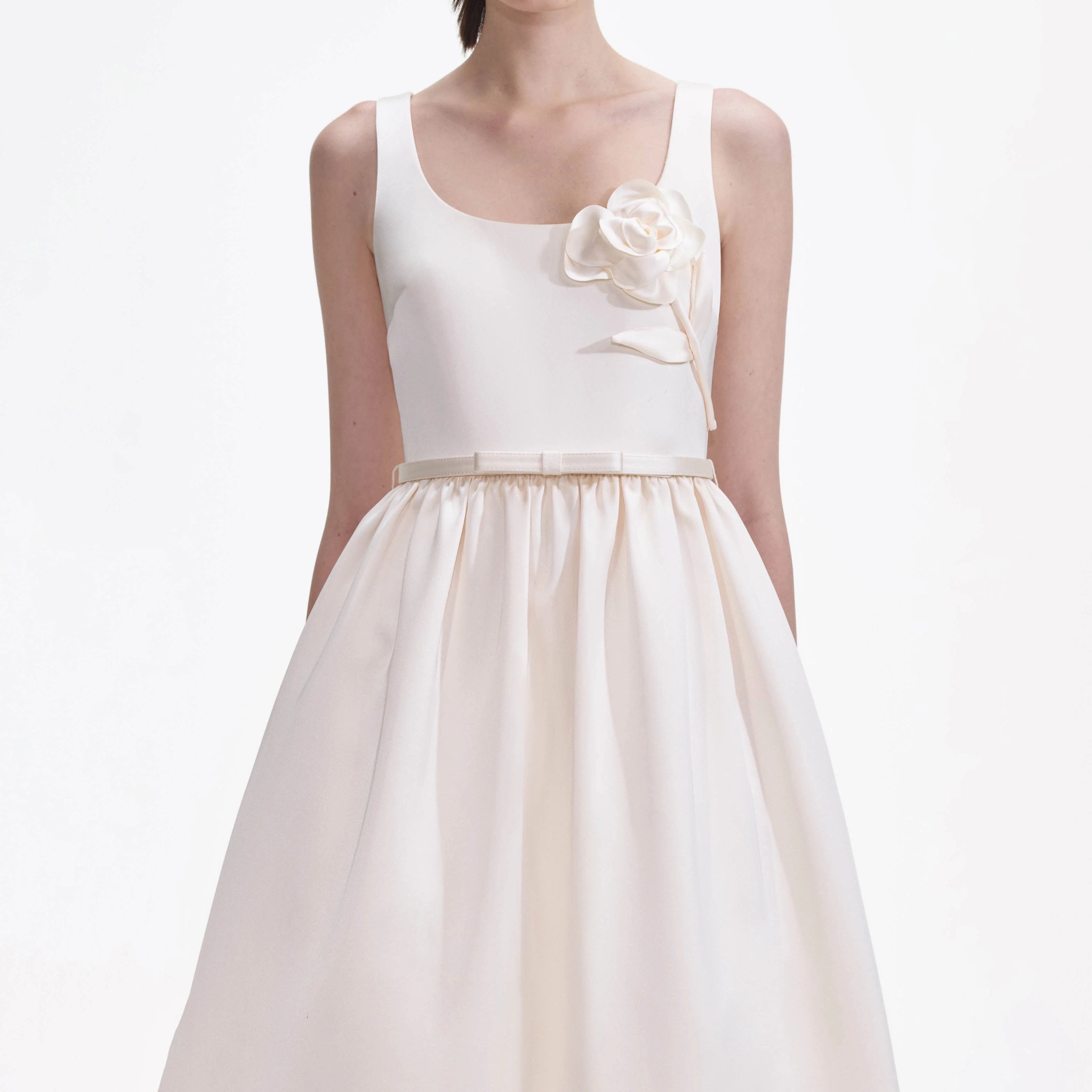 Cream Satin Flower Midi Dress