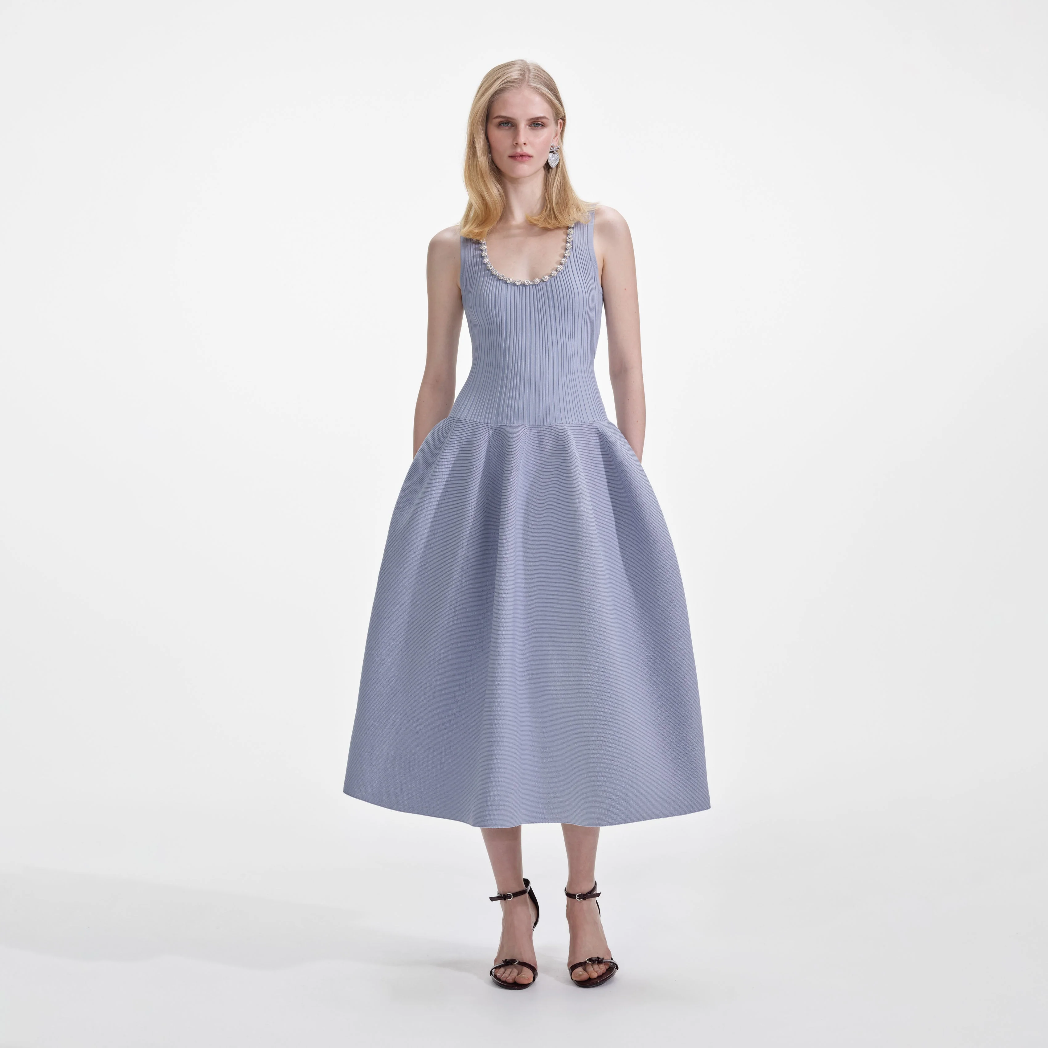 Blue Ribbed Knit Diamante Midi Dress