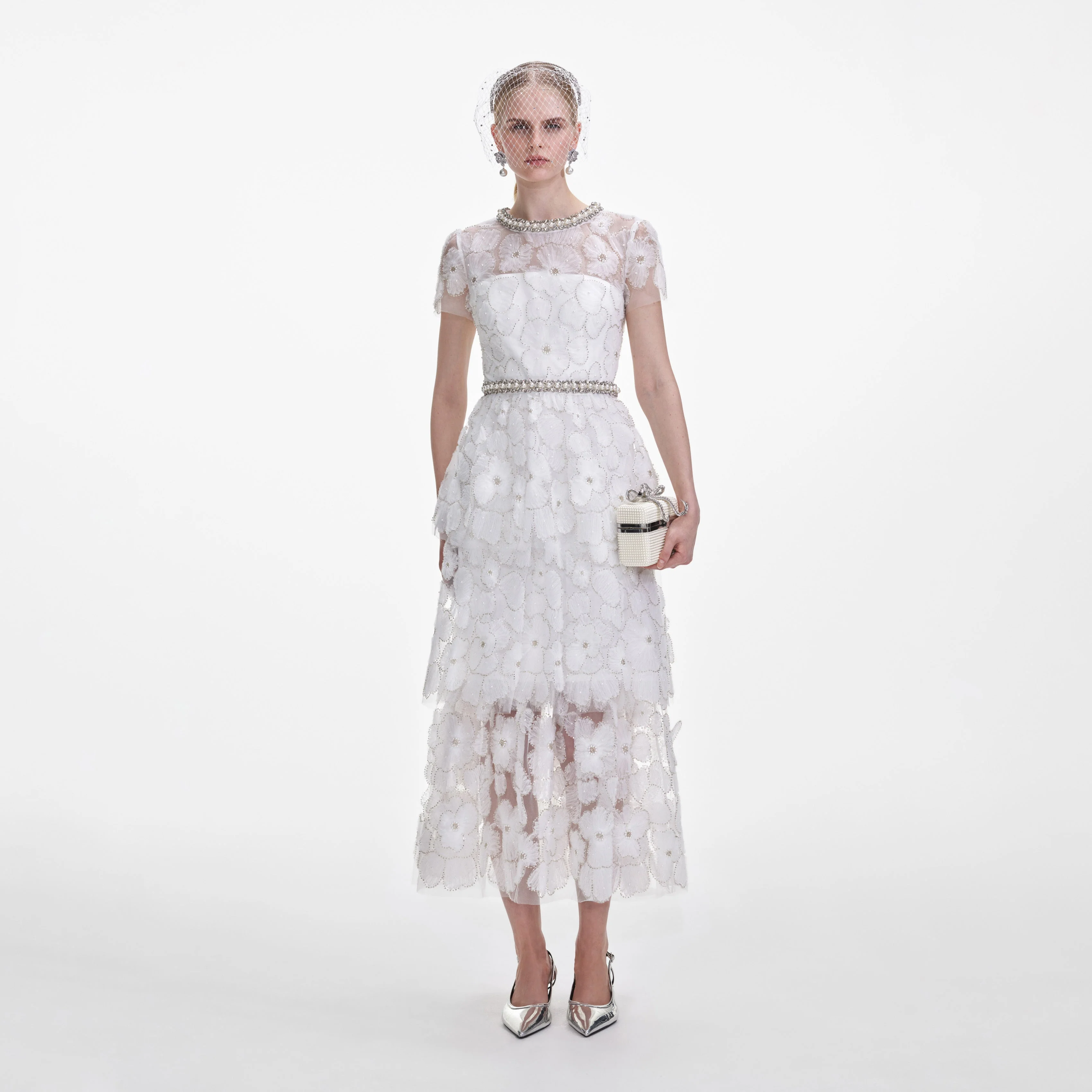 White Embellished Tulle Tiered Midi Dress