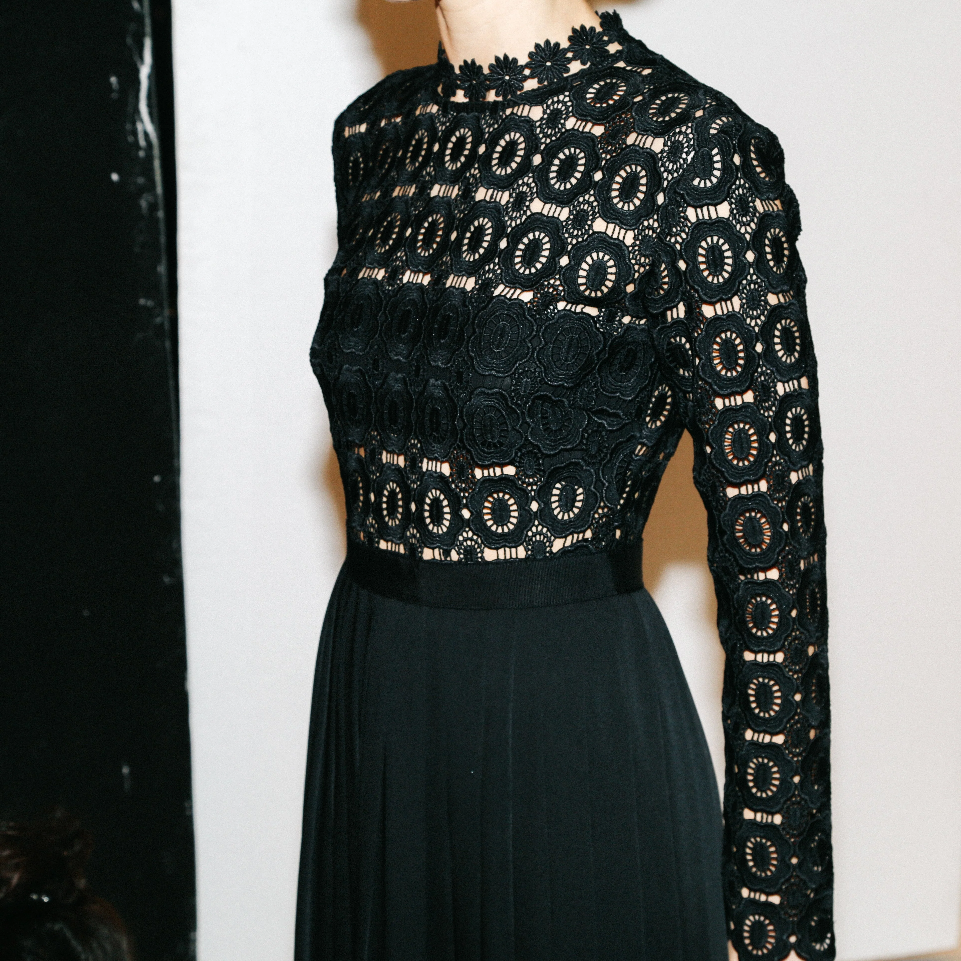 Pleated Crochet Floral Maxi Dress Black