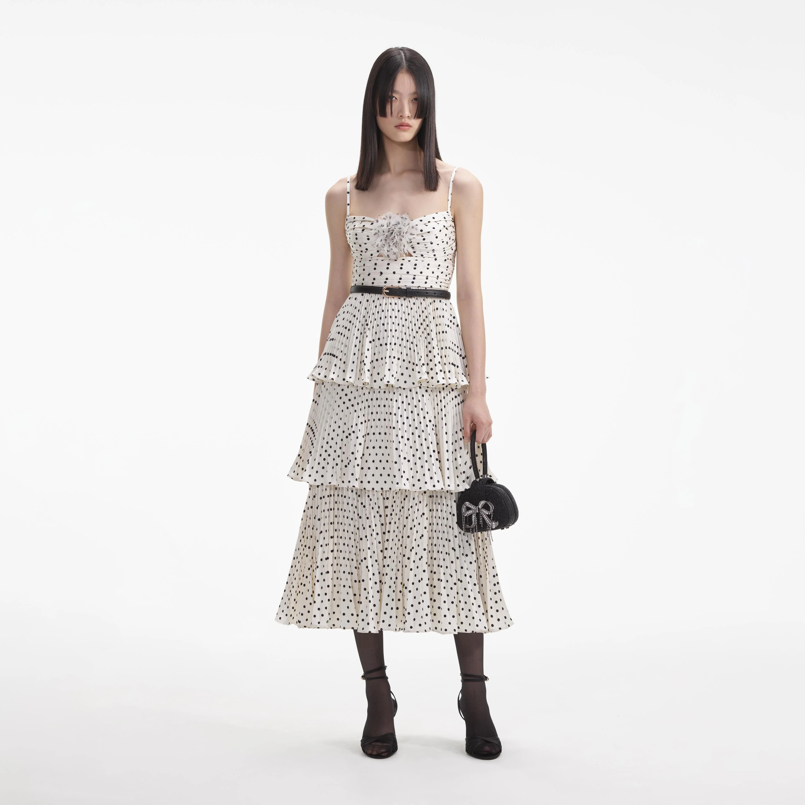 Cream Polka Dot Tiered Midi Dress