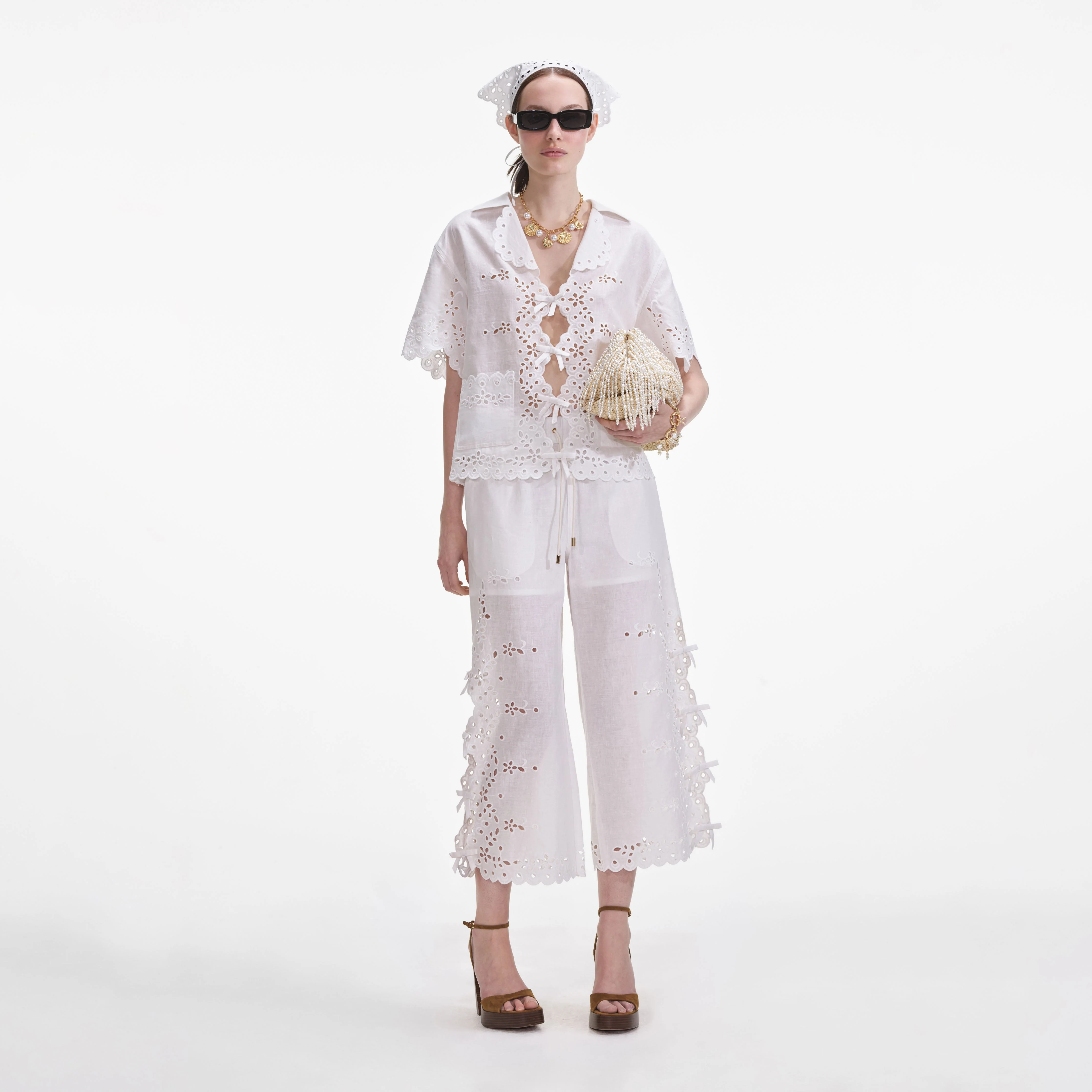 Cream Linen Embroidered Trousers
