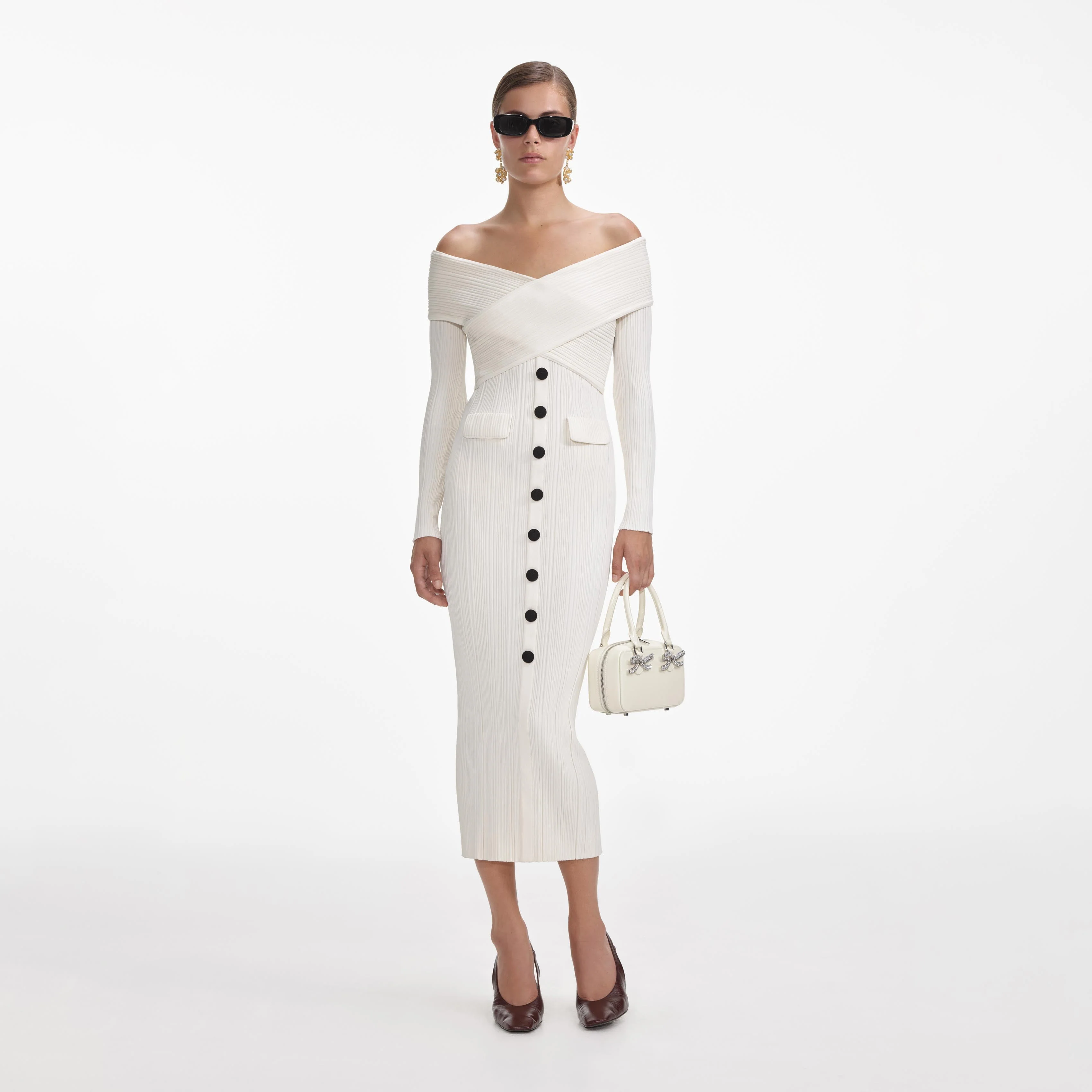Cream Off Shoulder Knit Midi Dress