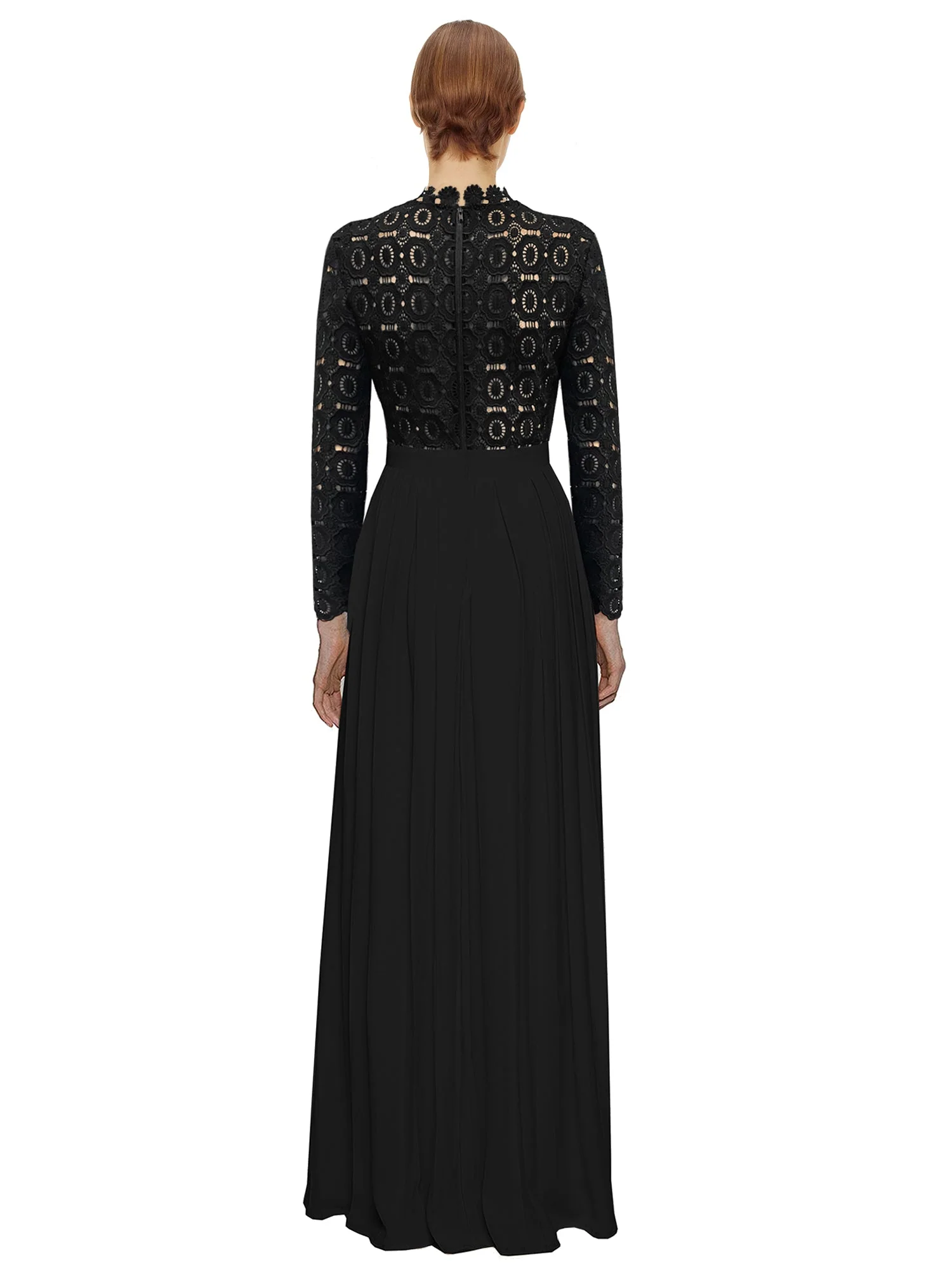 Pleated Crochet Floral Maxi Dress Black