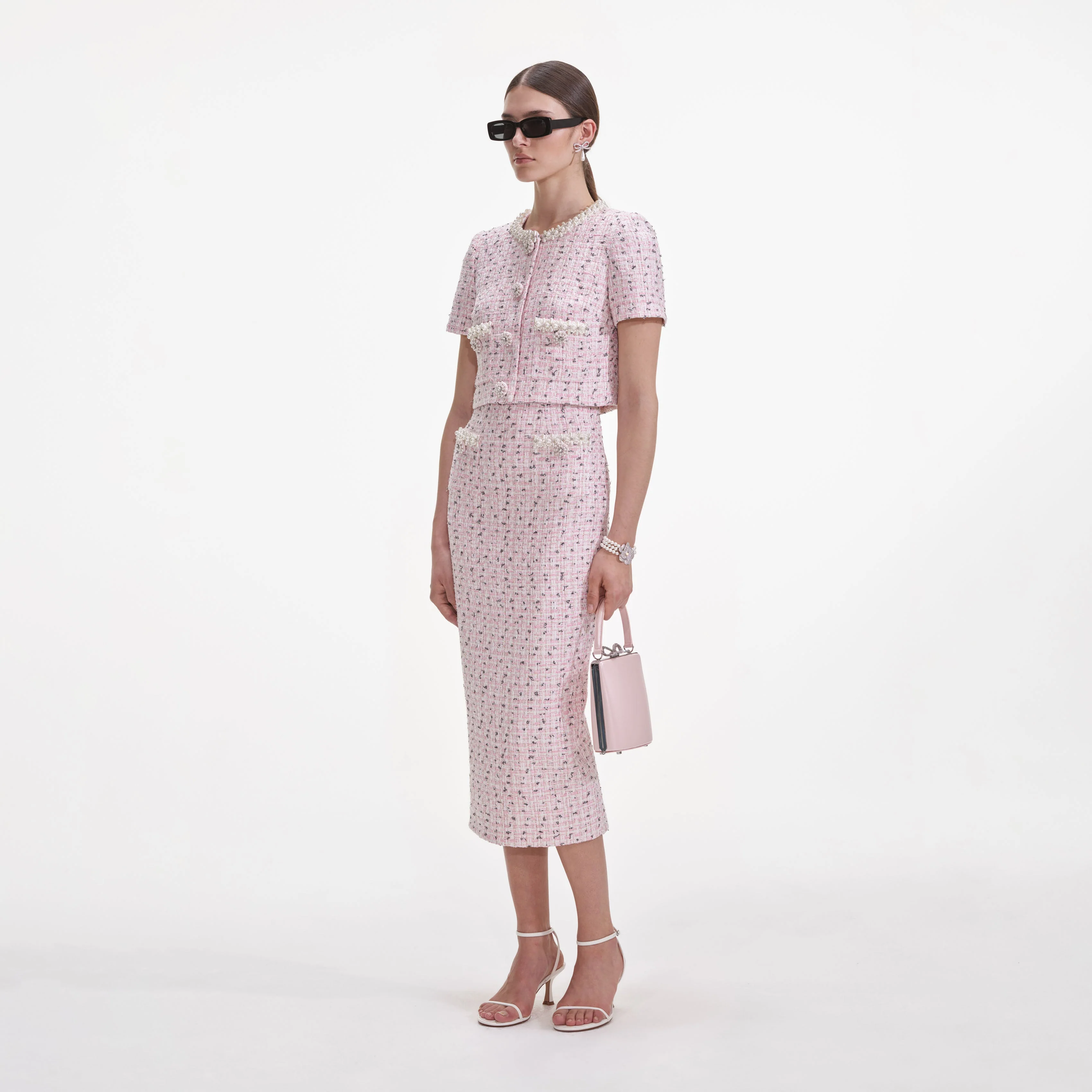 Pink Boucle Pearl Midi Skirt