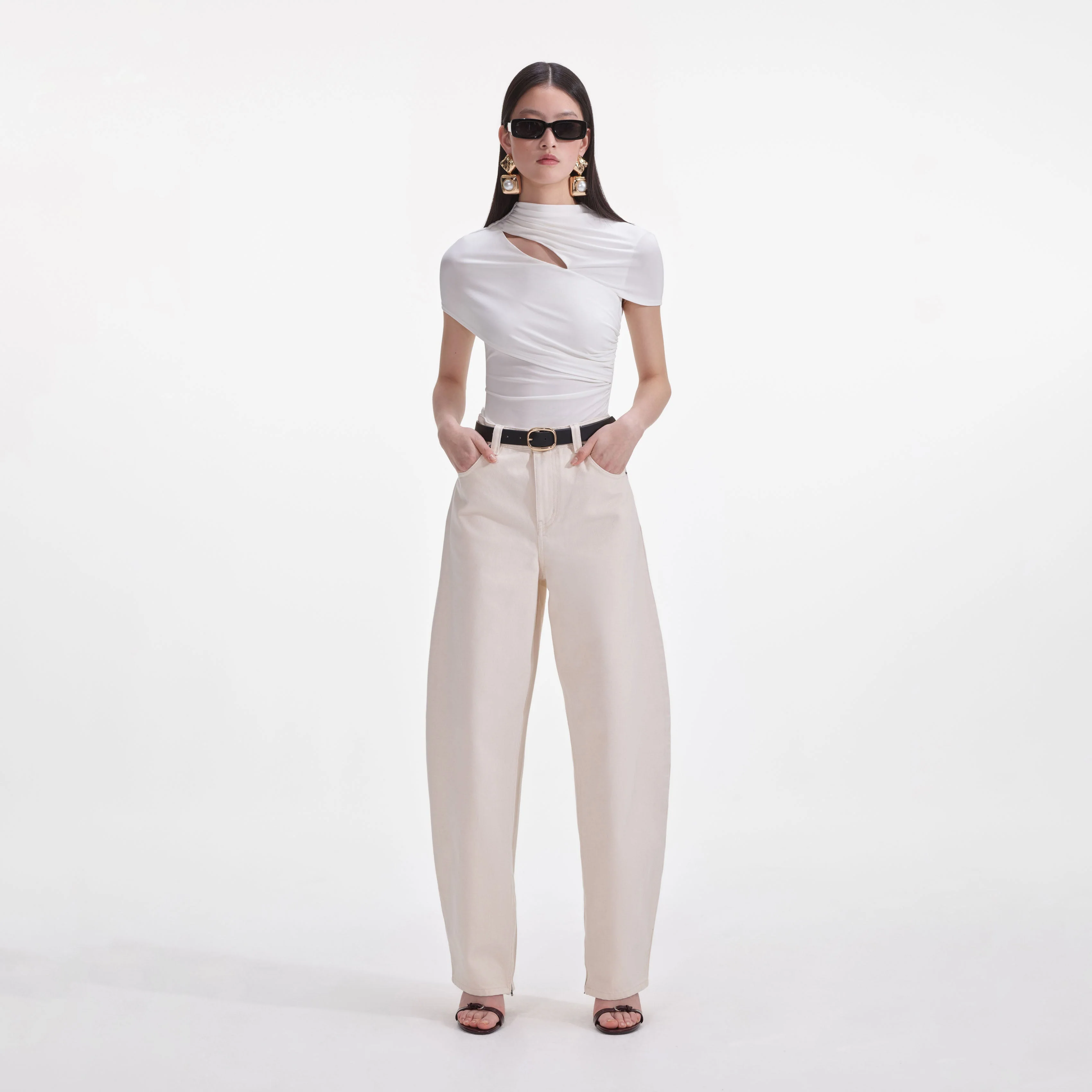 Cream Jersey Gathered Top