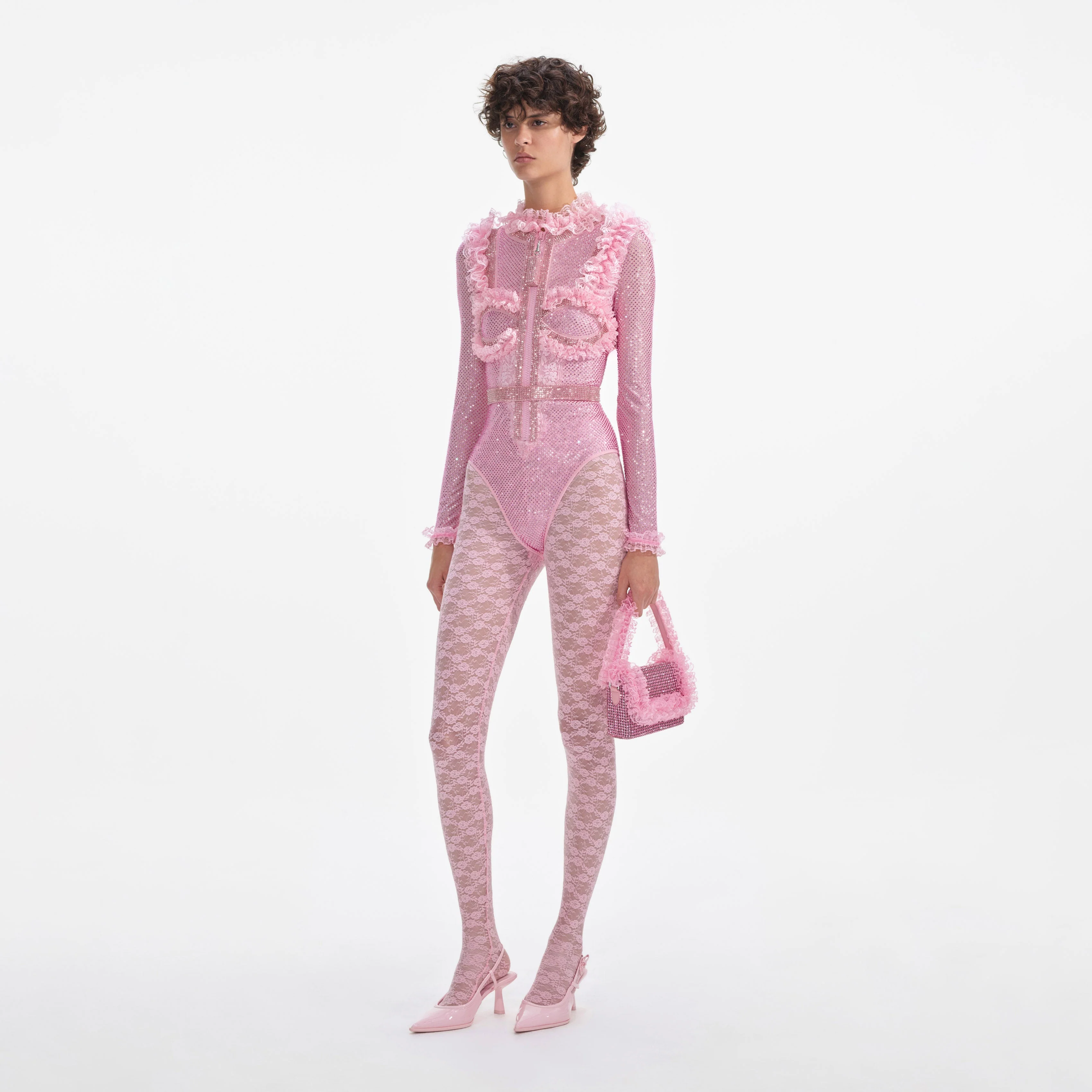 Pink Rhinestone Mesh Ruffle Bodysuit