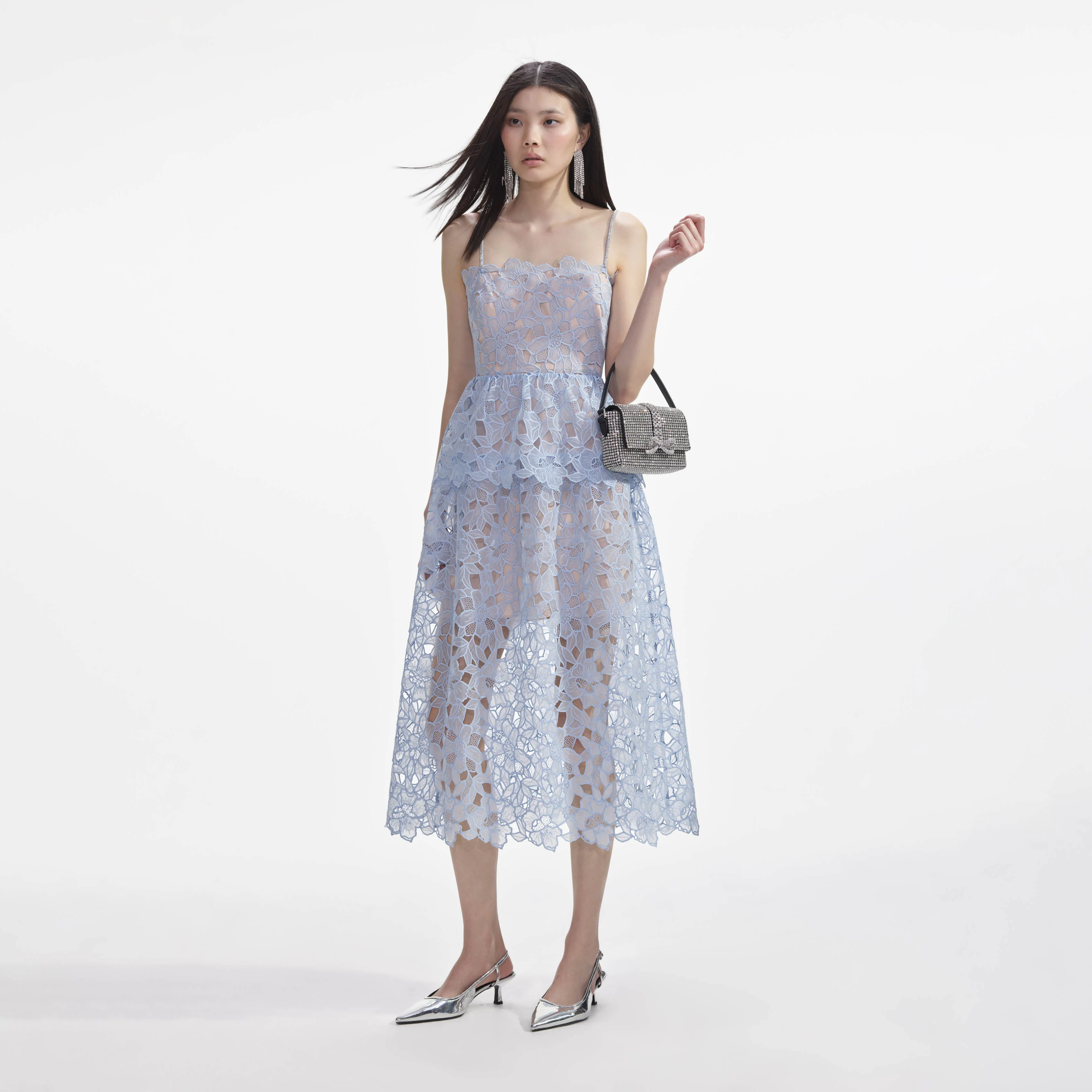 Blue Organza Lace Midi Dress