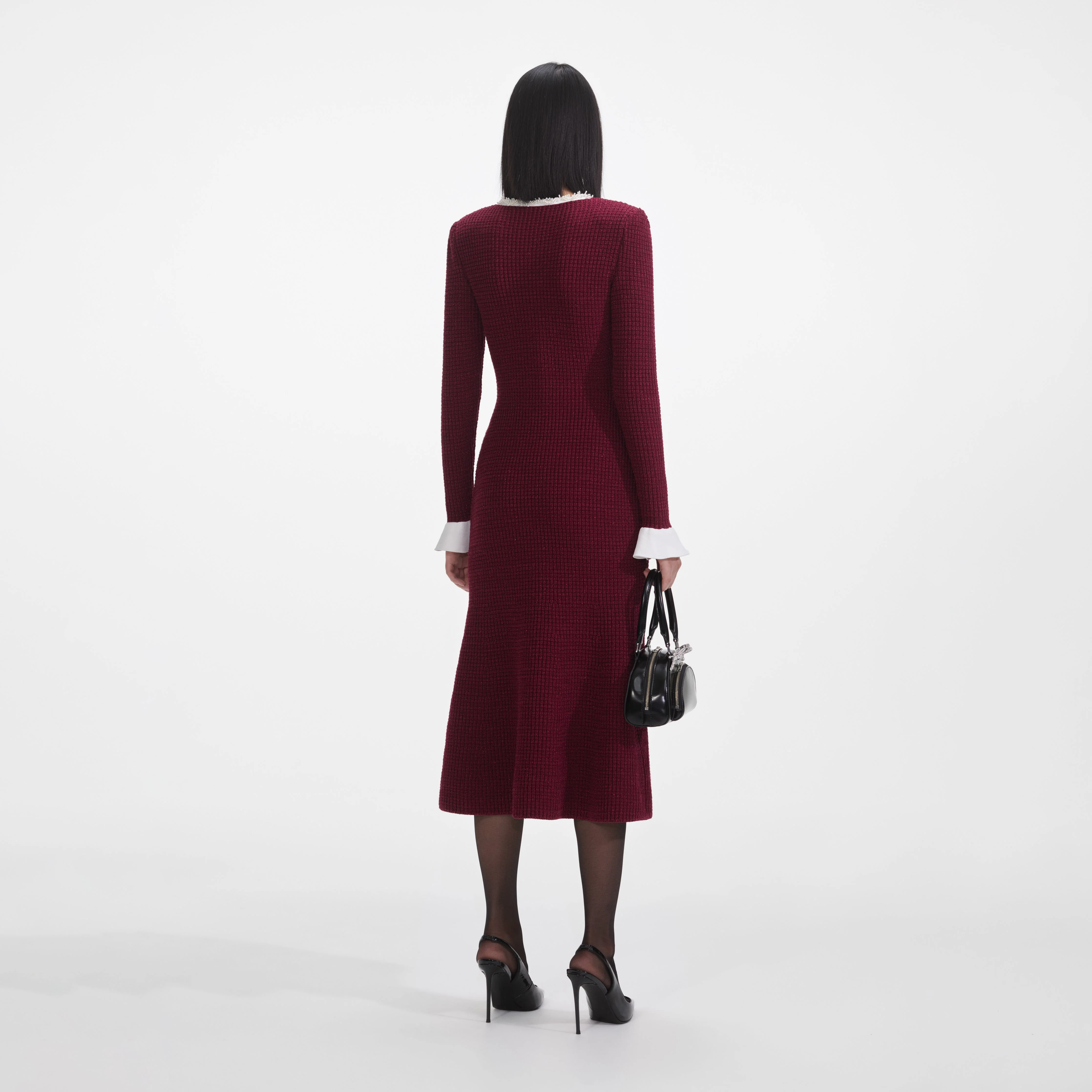 Burgundy Pearl Trim Knit Midi Dress