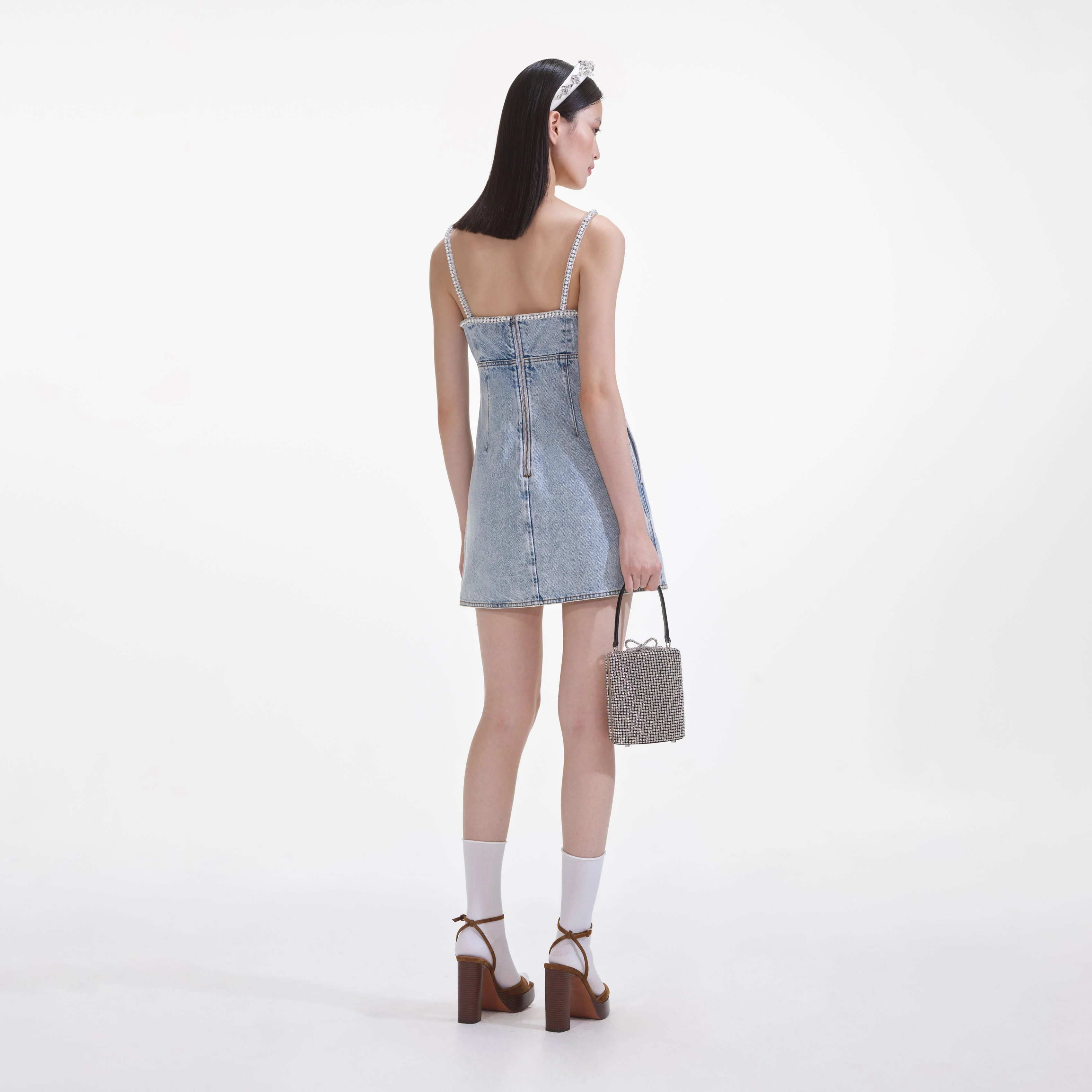 Light Blue Denim Pearl Mini Dress