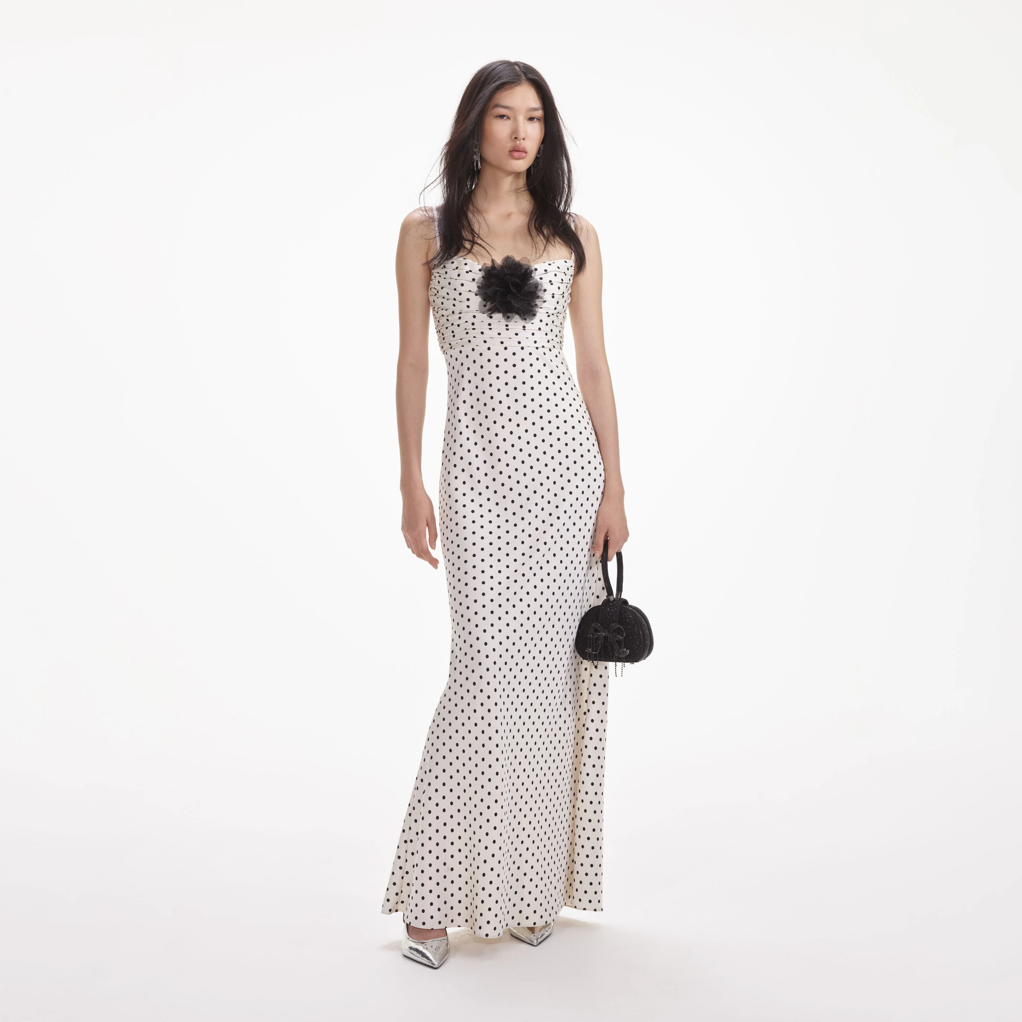 Cream Polka Dot Satin Maxi Dress