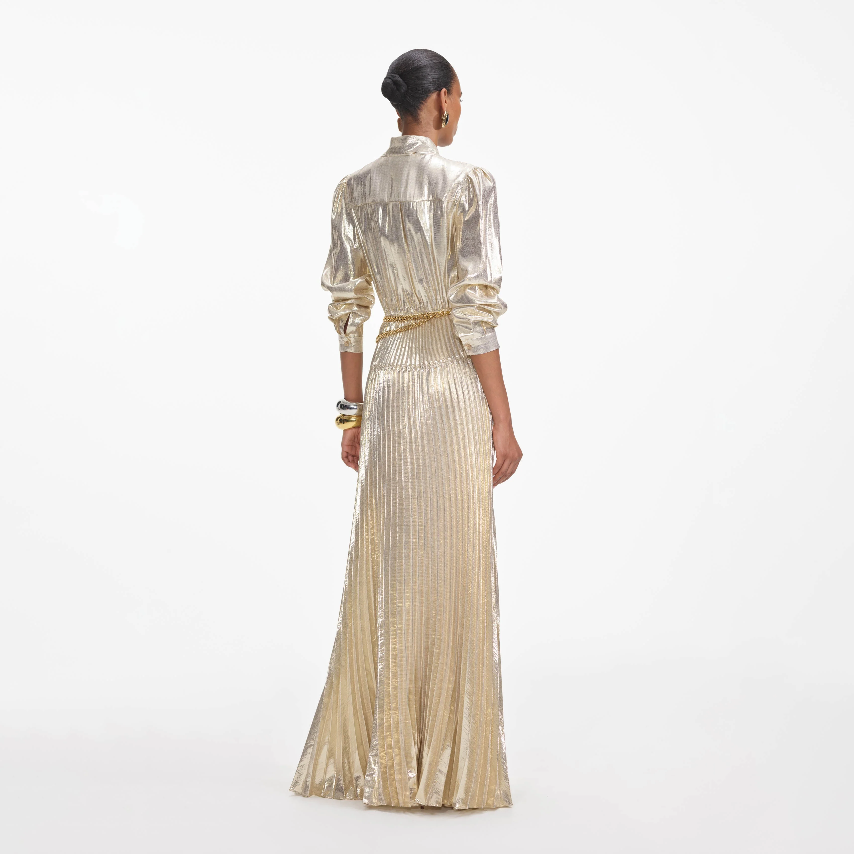 Gold Metallic Pussy Bow Maxi Dress