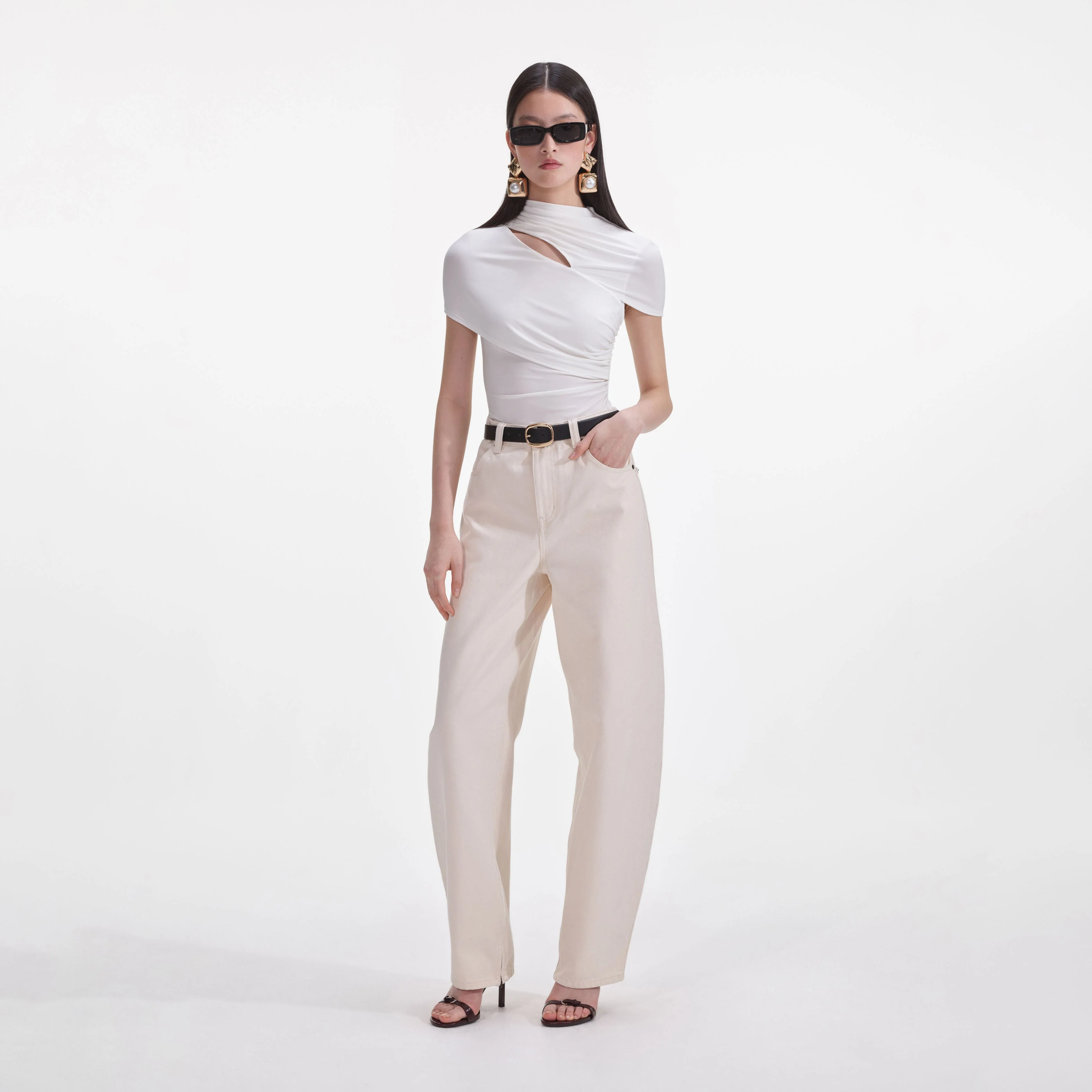 Cream Jersey Gathered Top