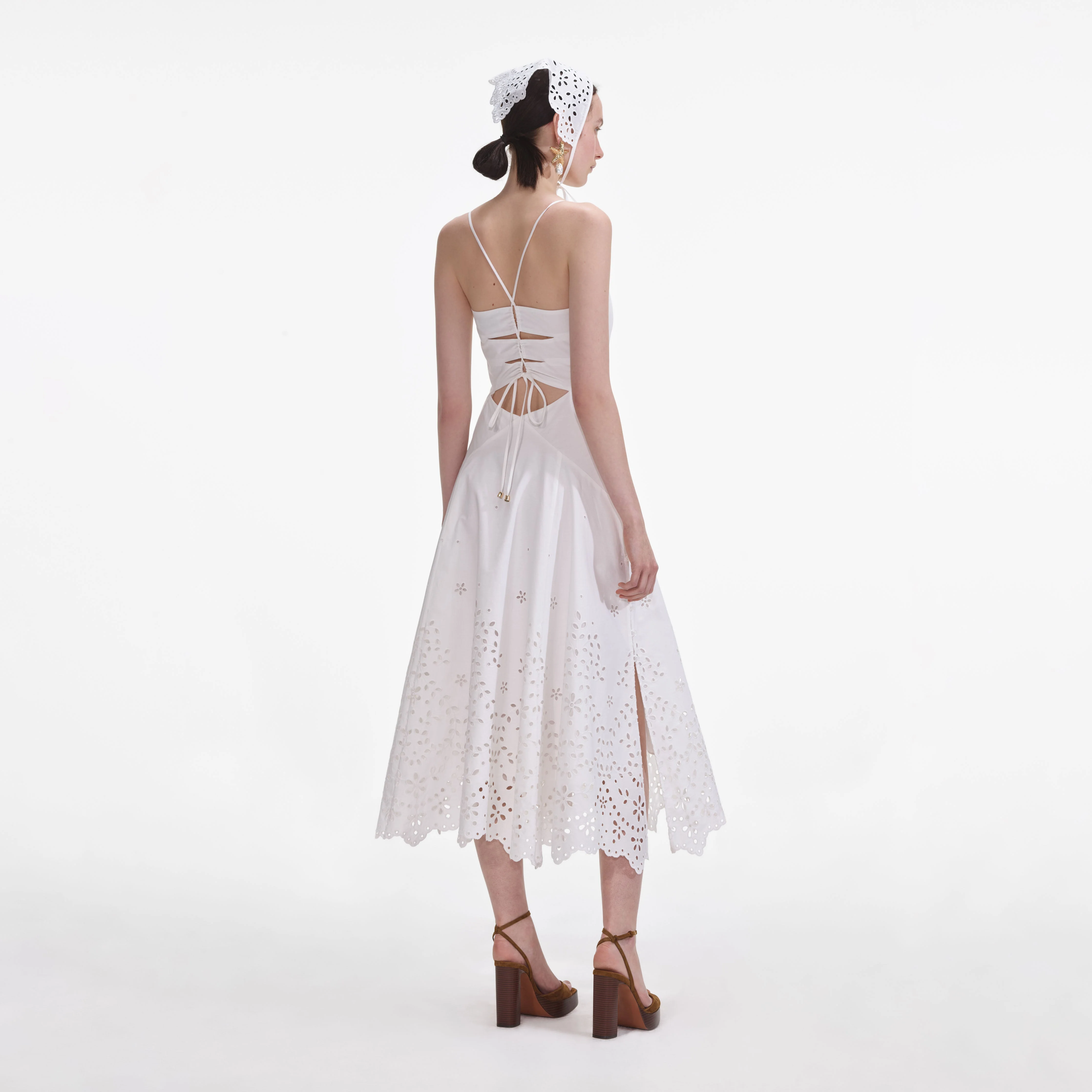 White Cotton Embroidered Midi Dress