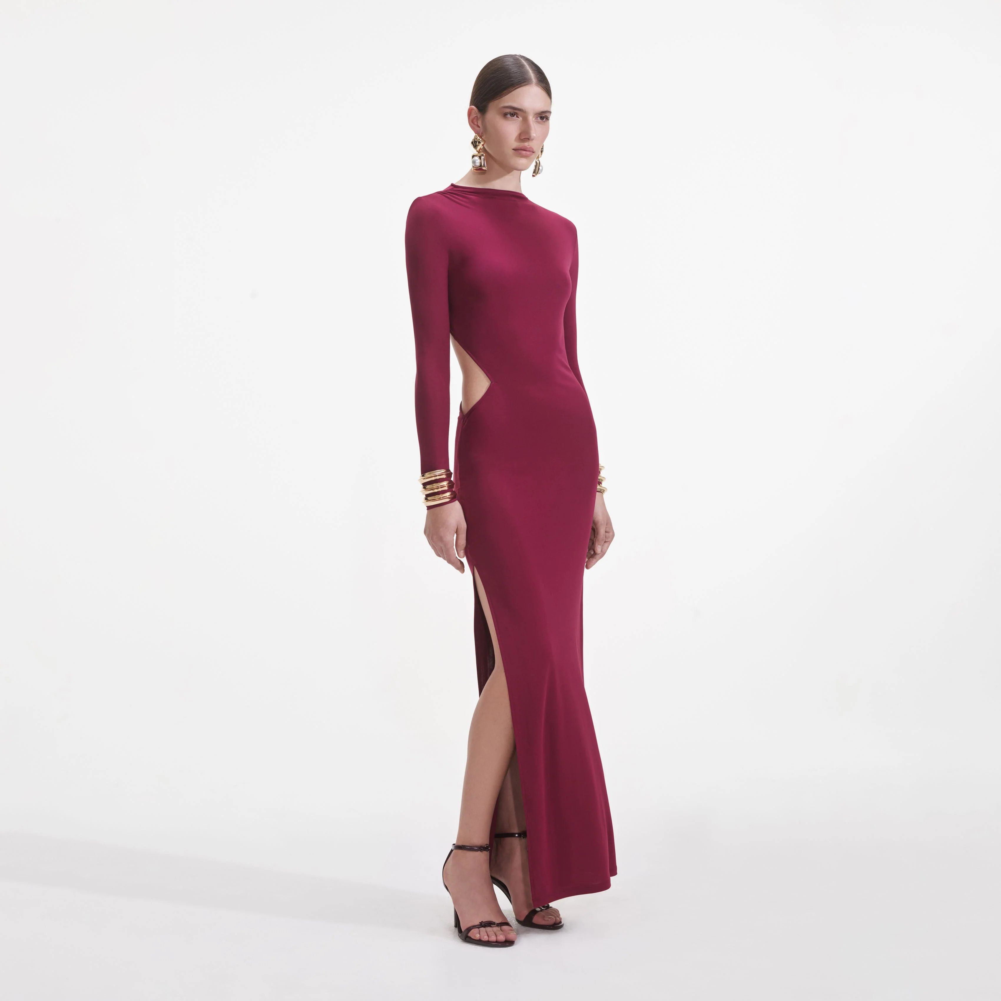 Burgundy Jersey Gathered Midi Dress