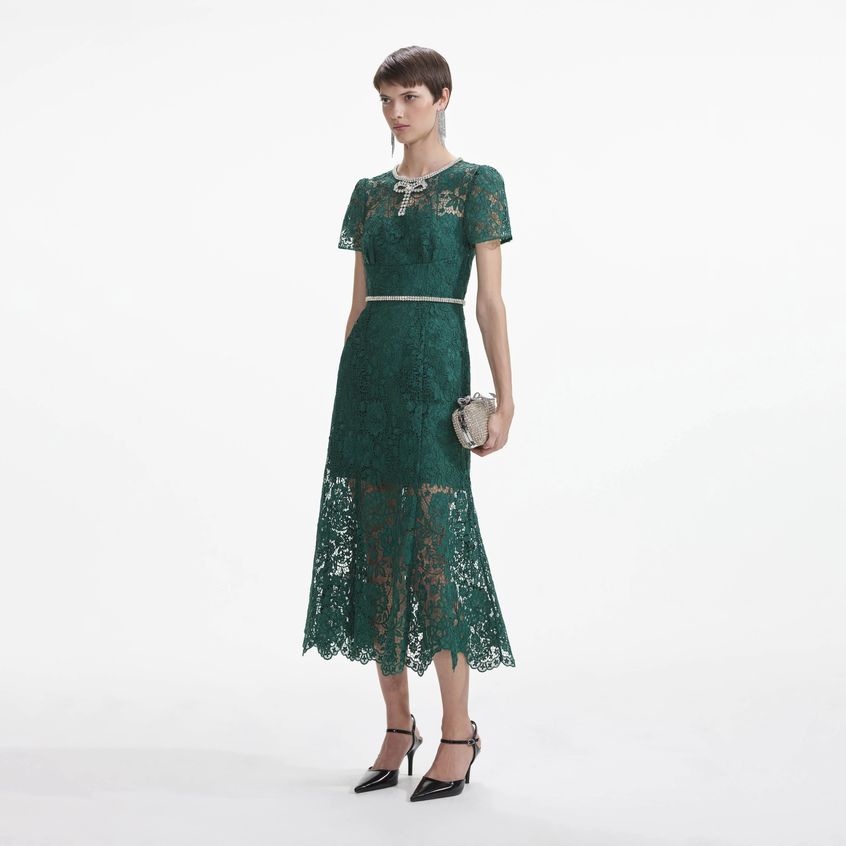 Green Lace Diamante Bow Midi Dress