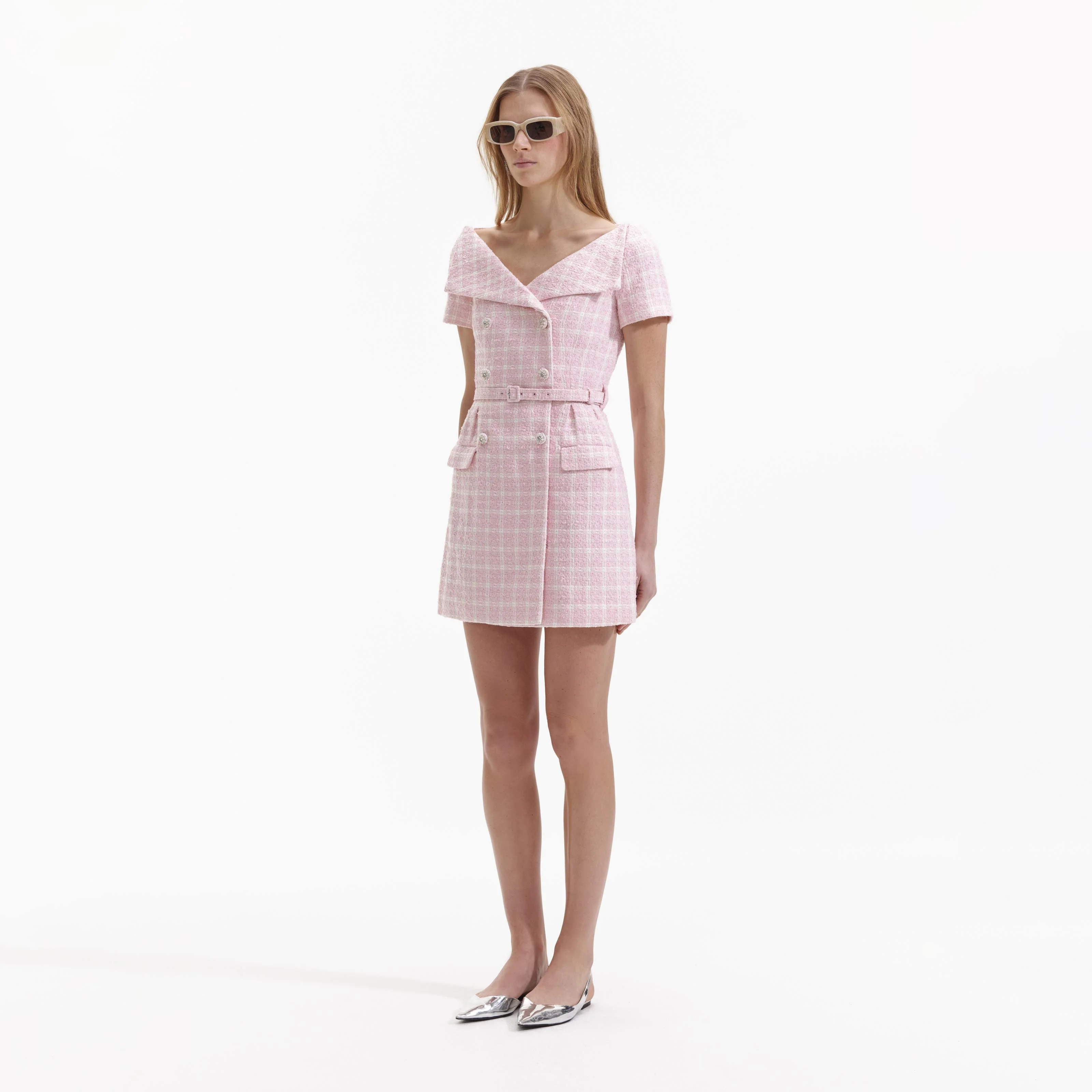 Pink Boucle Off Shoulder Mini Dress