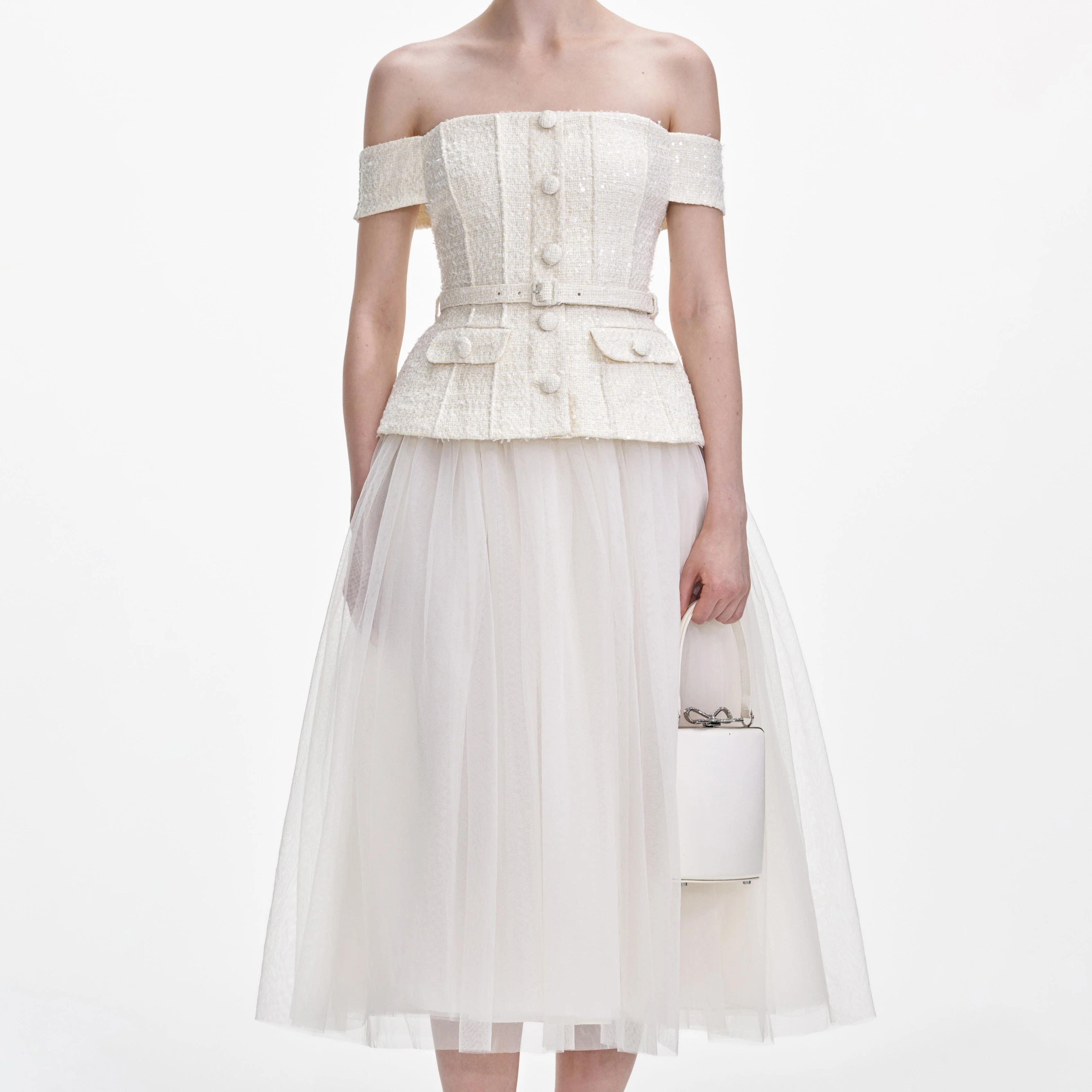 Cream Boucle Tulle Midi Dress