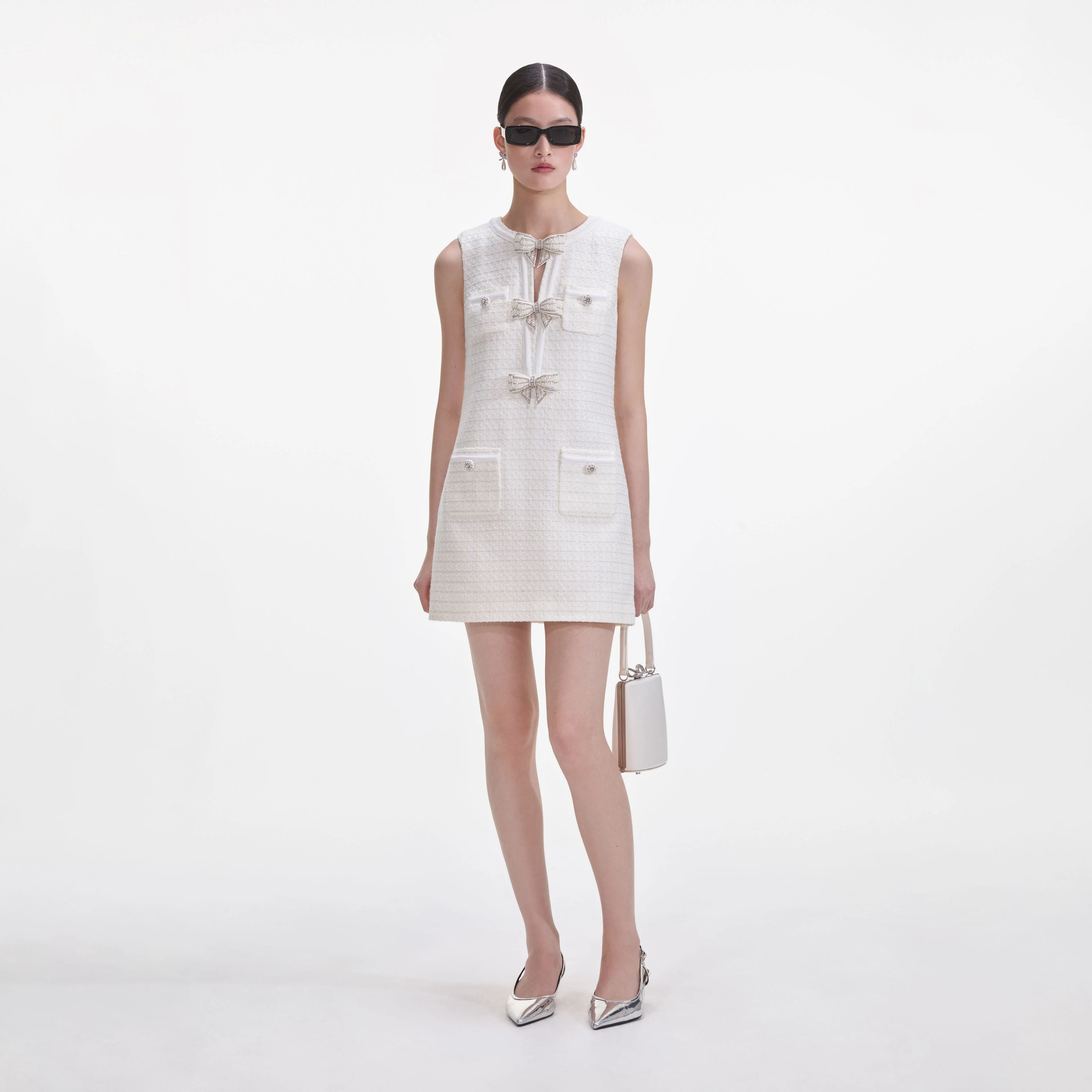 Cream Boucle Bow Mini Dress