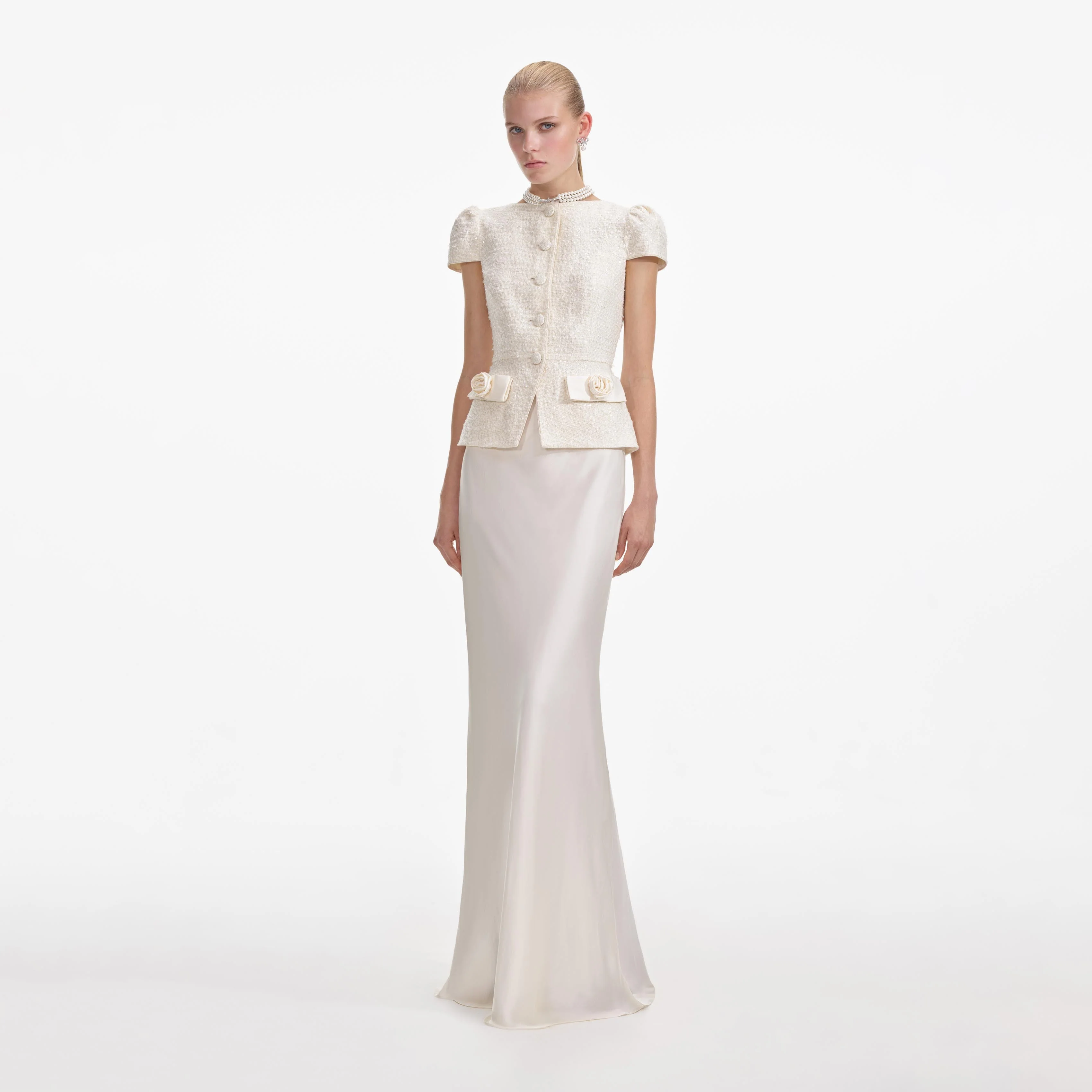 Cream Boucle Bow Detail Maxi Dress