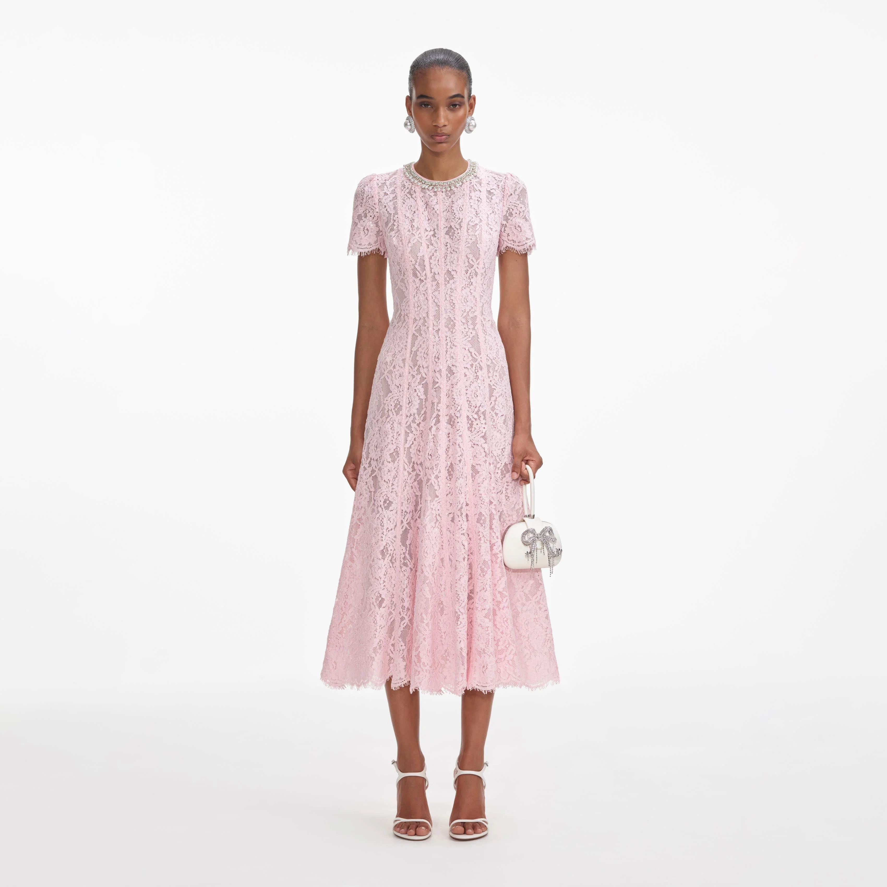 Pink Lace Embellished Midi Dress