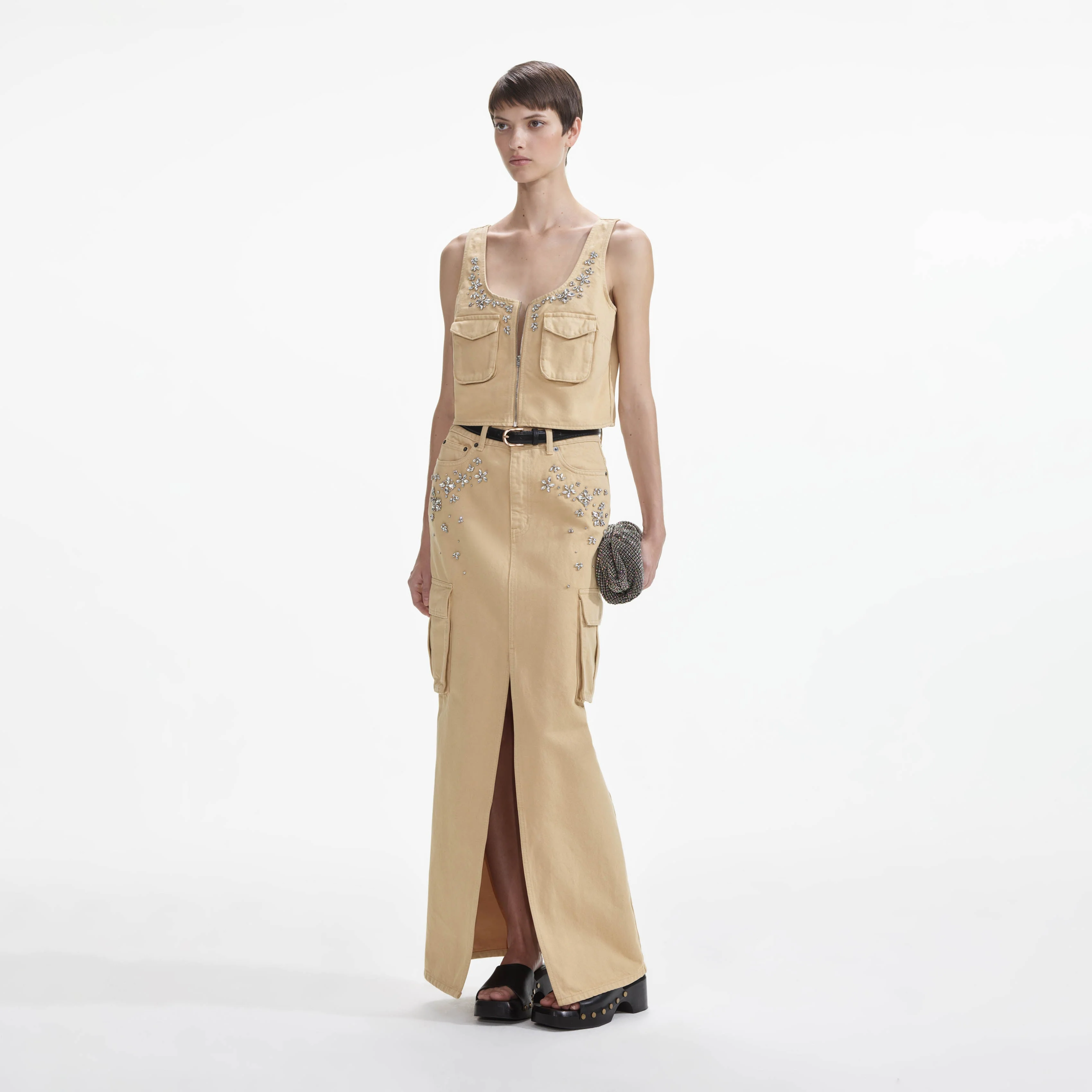 Embellished Denim Cargo Top