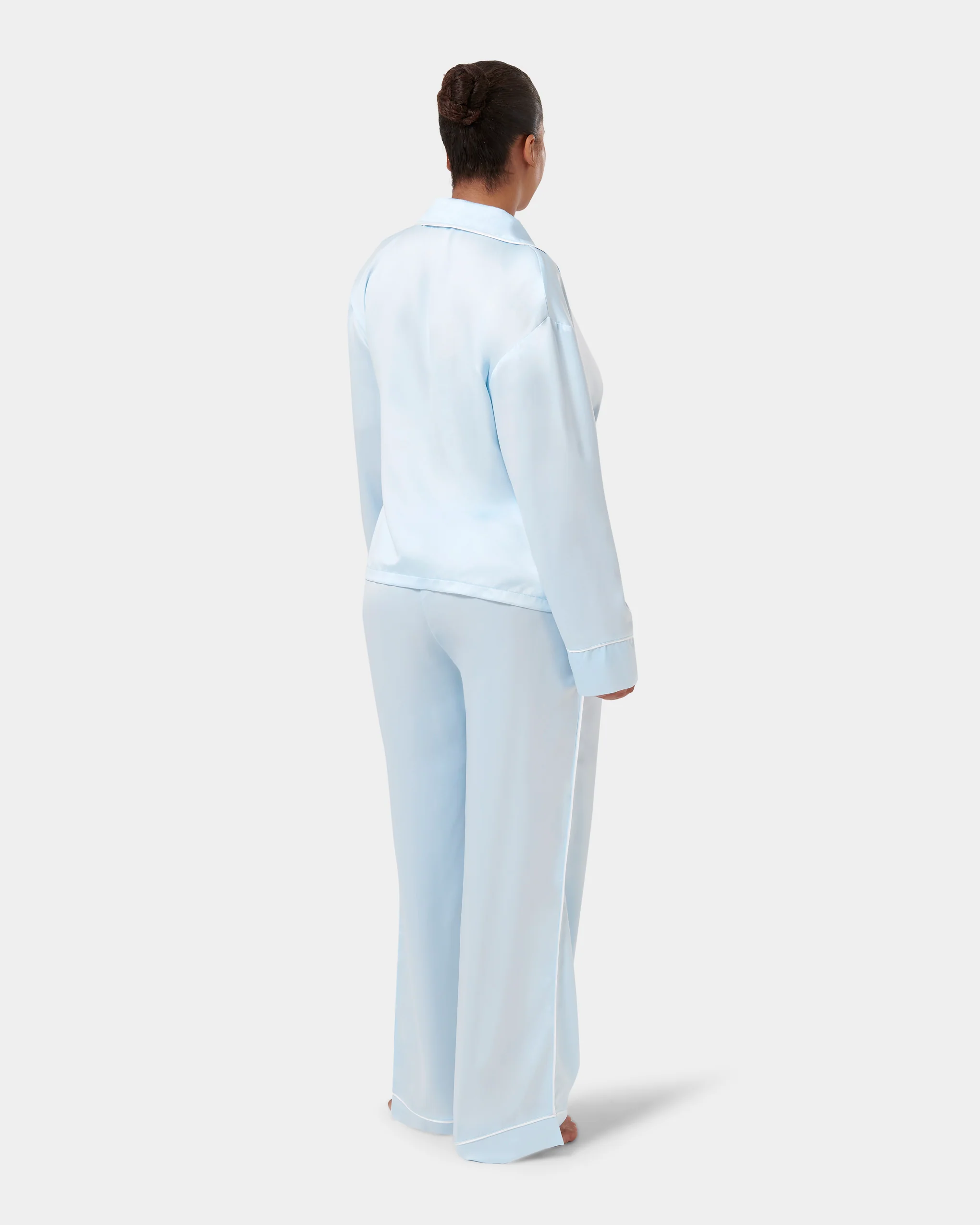 Sara Luxury Satin Long Set Ice Water Blue/White