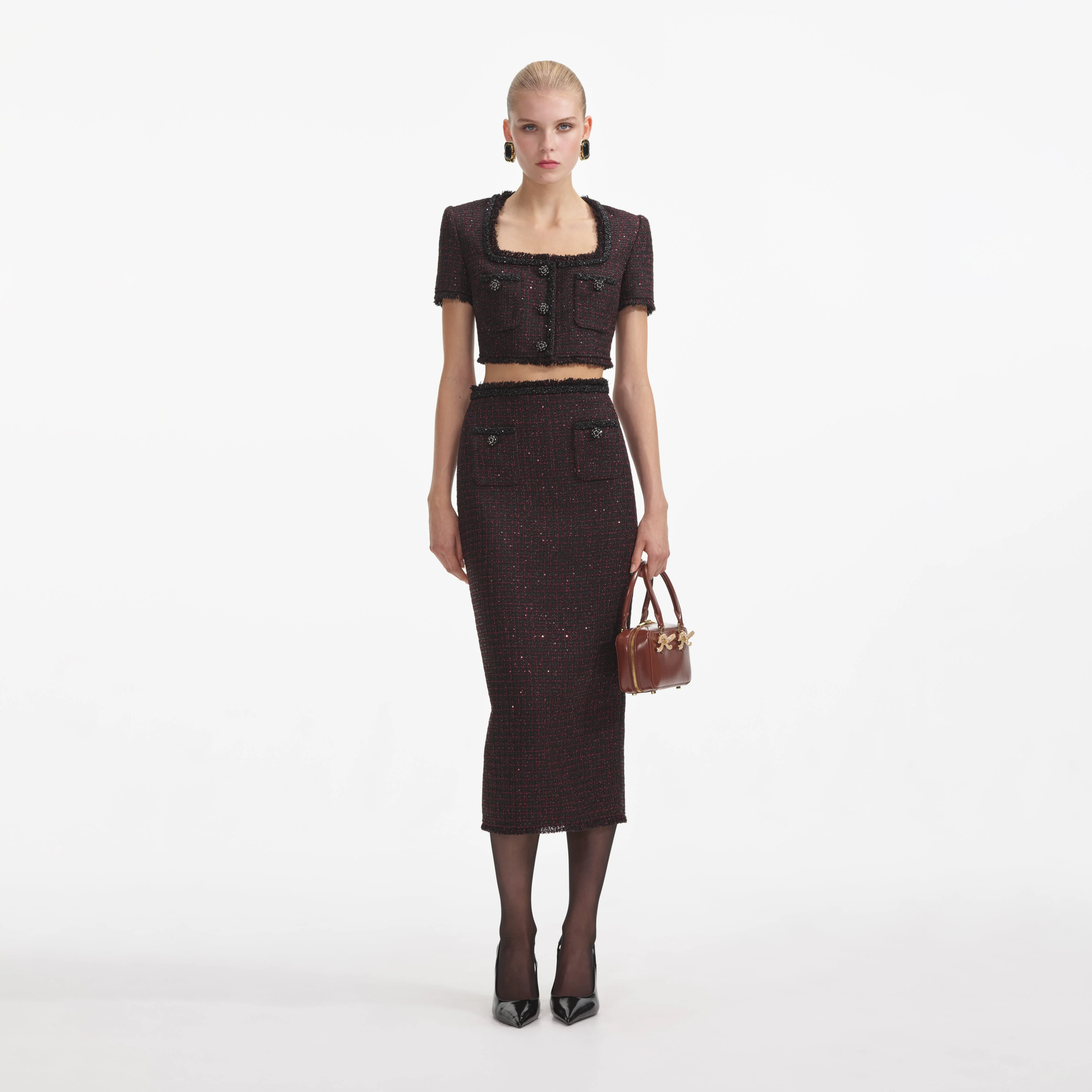 Black Metallic Boucle Midi Skirt