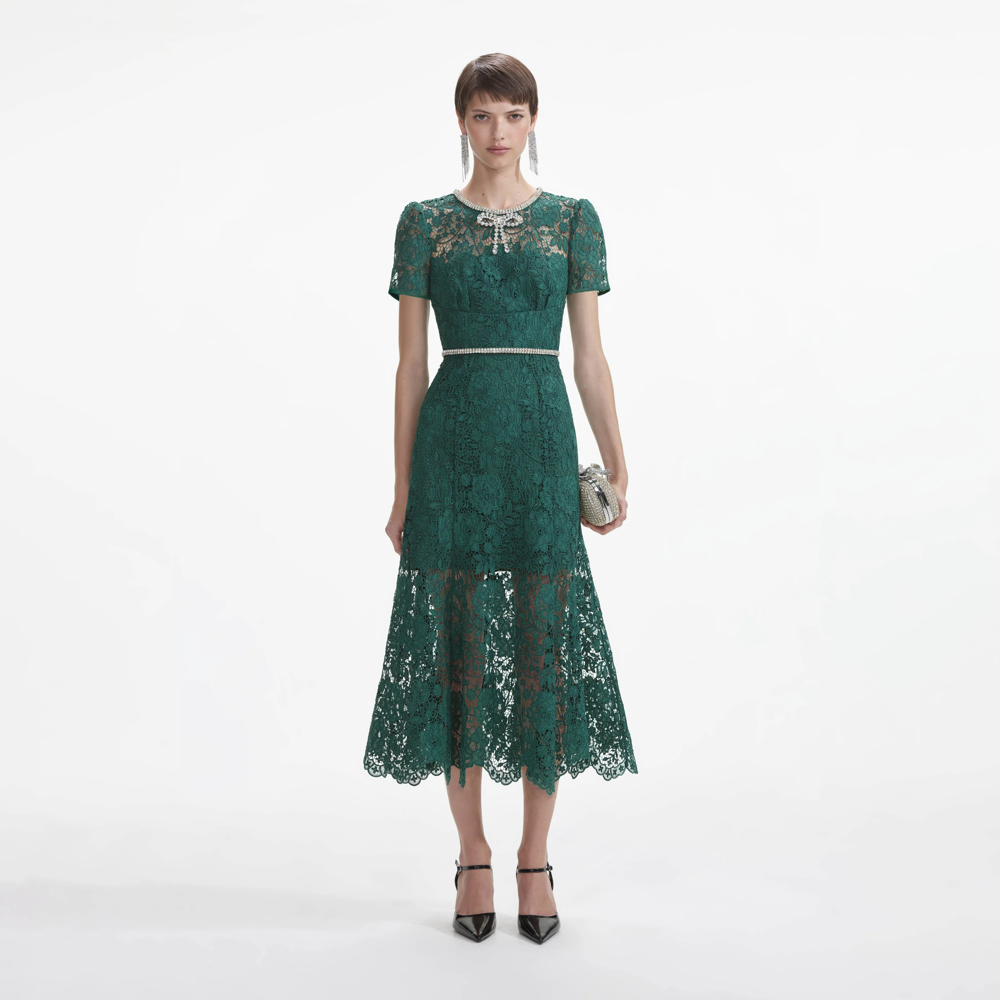 Green Lace Diamante Bow Midi Dress