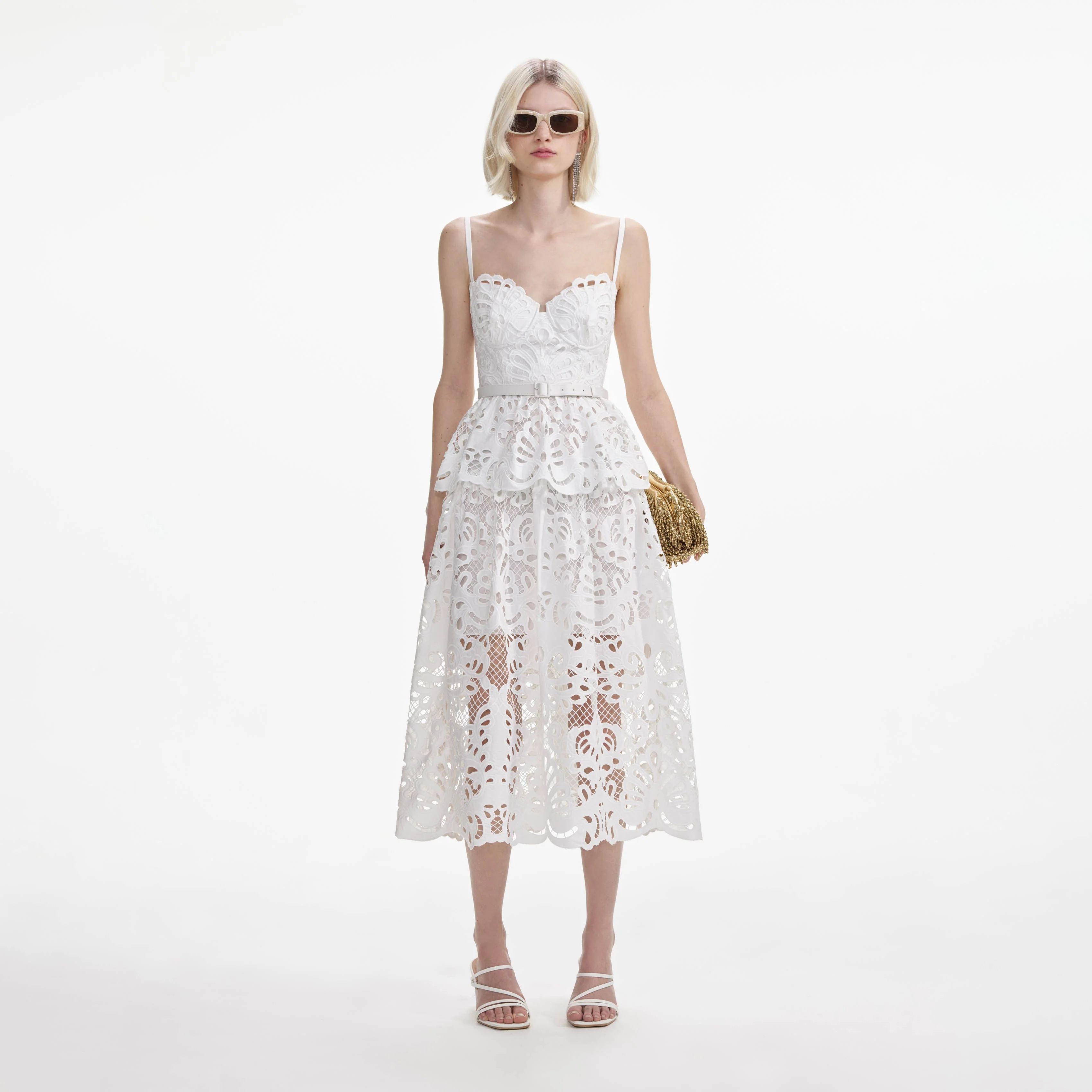 White Cotton Lace Tiered Midi Dress