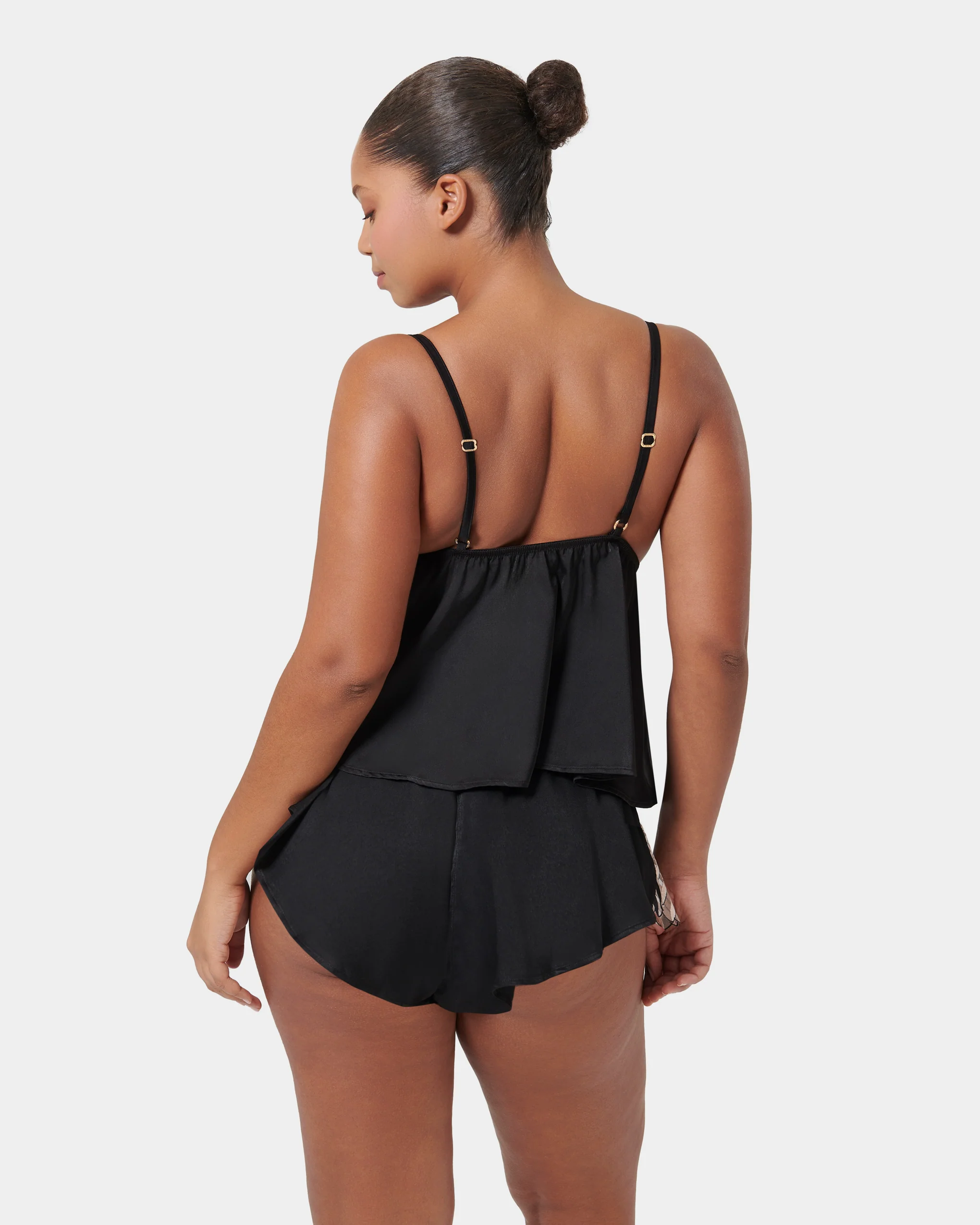 Katerine Luxury Satin Cami and Short Set Black/Pearl/Sheer