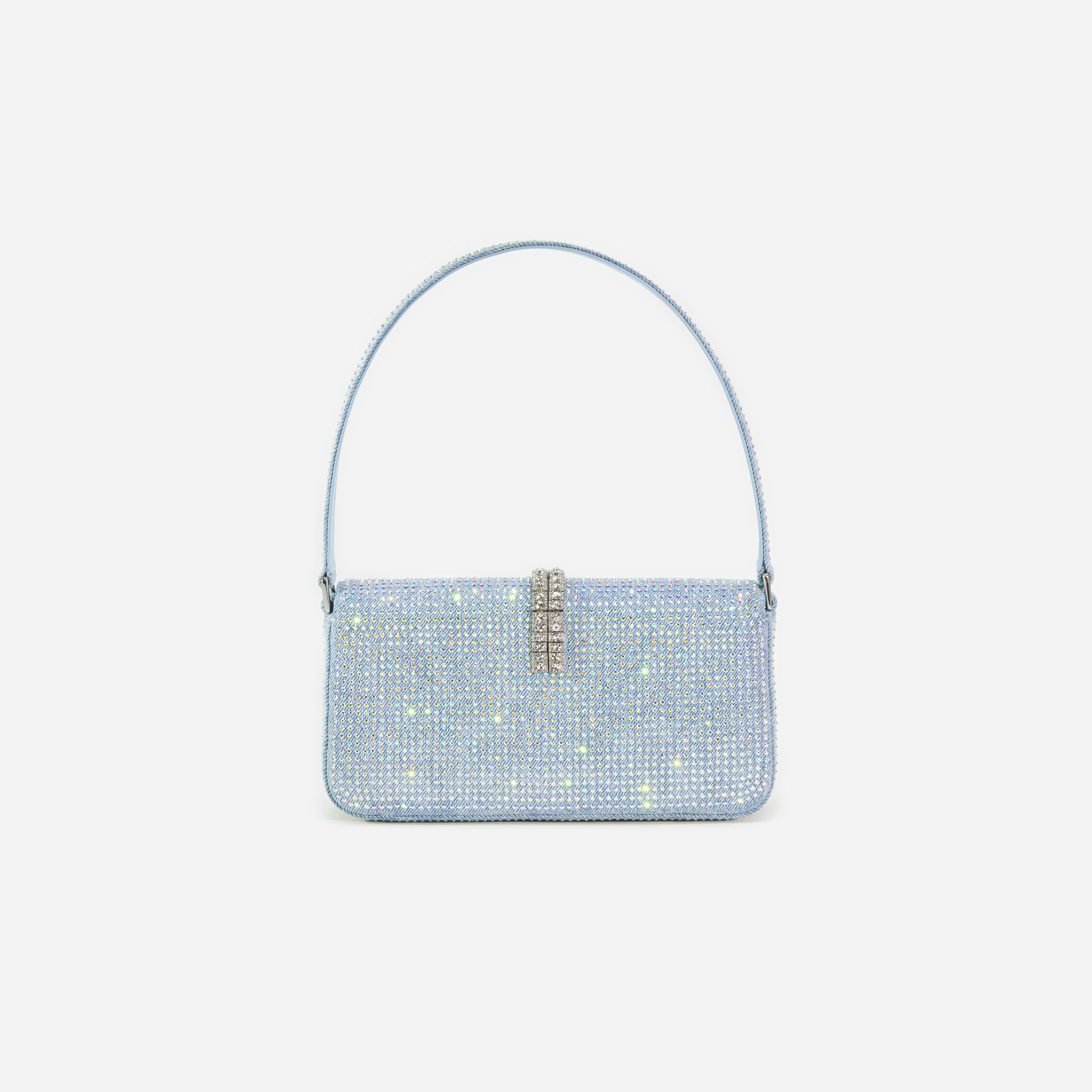 Blue Rhinestone Denim Baguette Bag