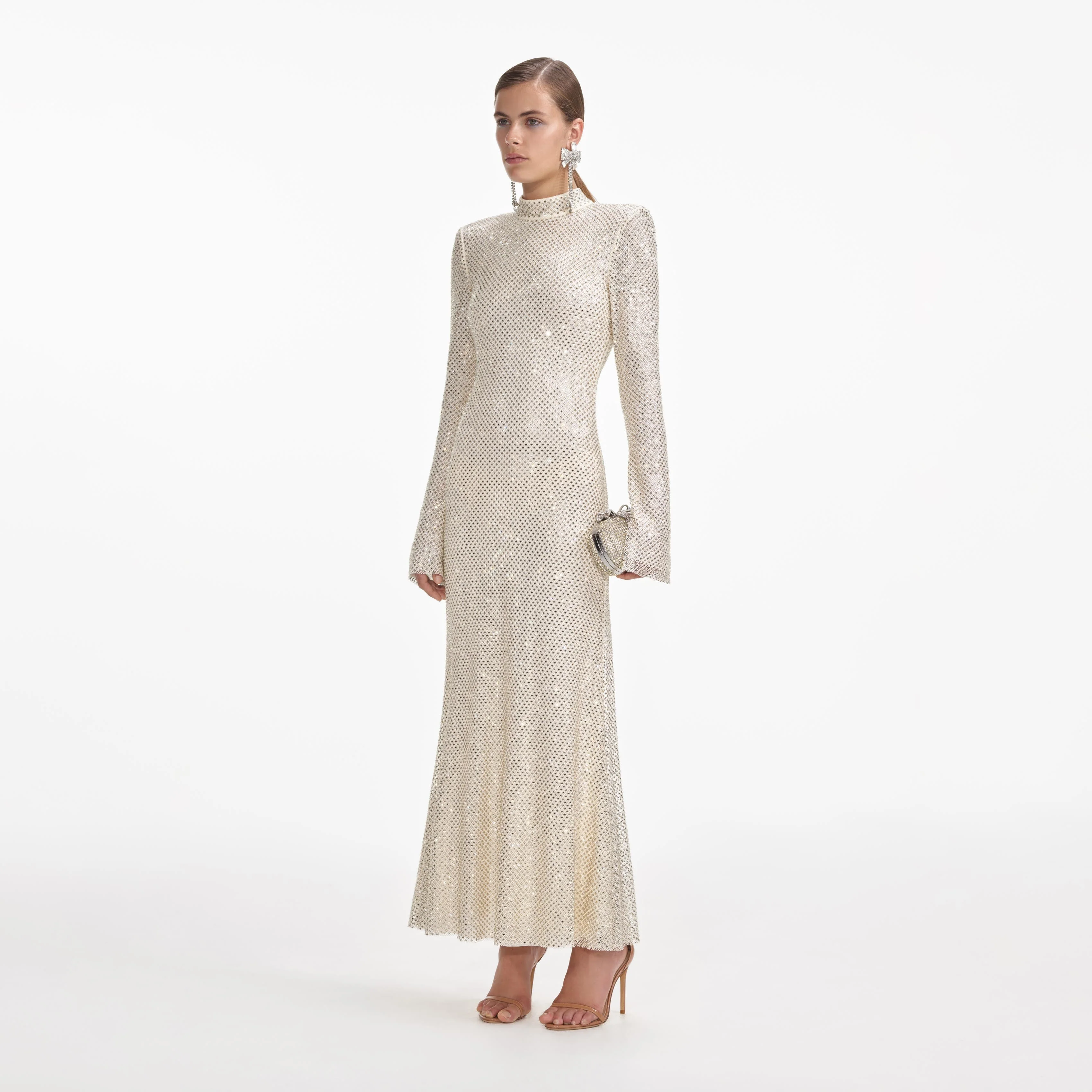 Cream Square Rhinestone Fishnet Midi Dress