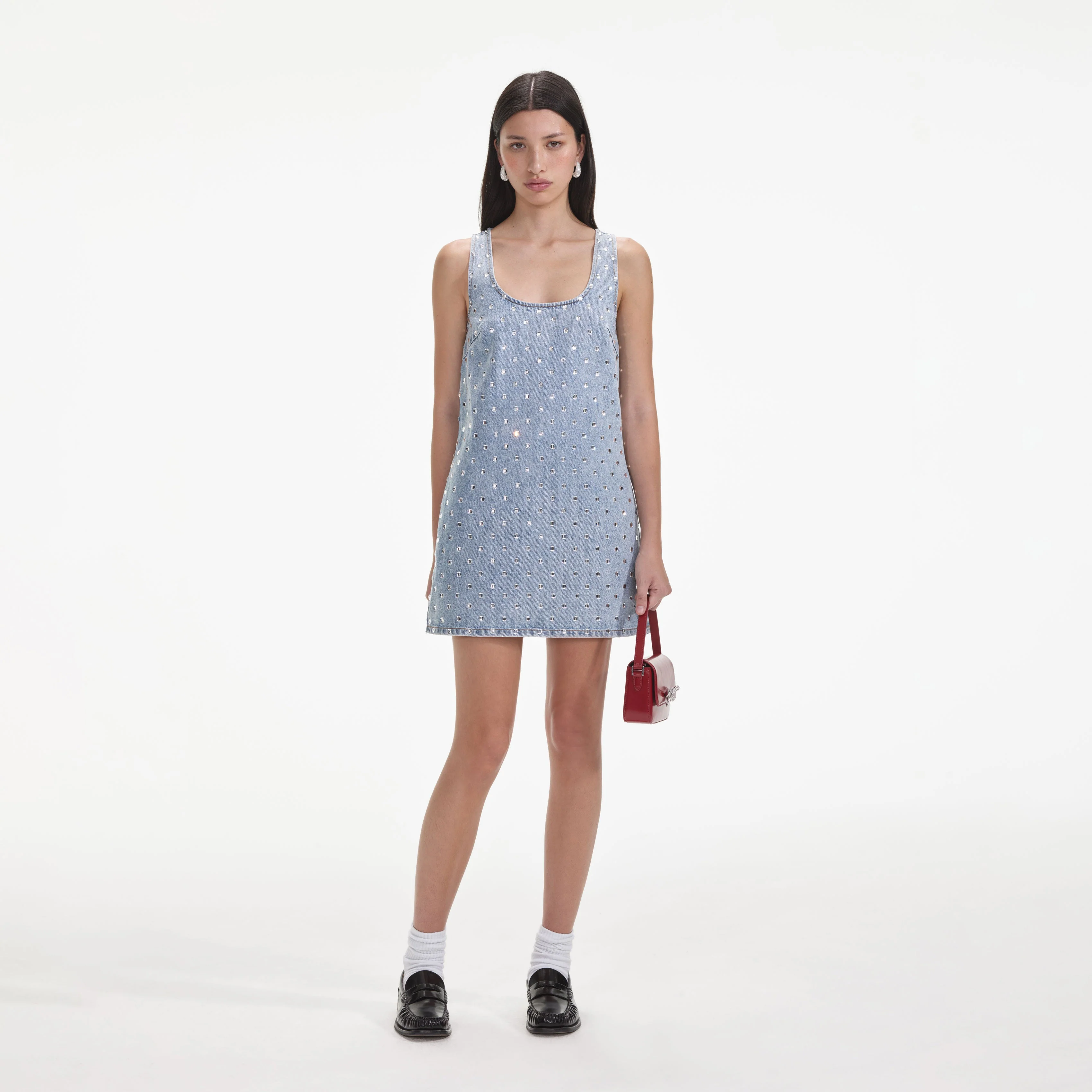 Square Rhinestone Denim Mini Dress