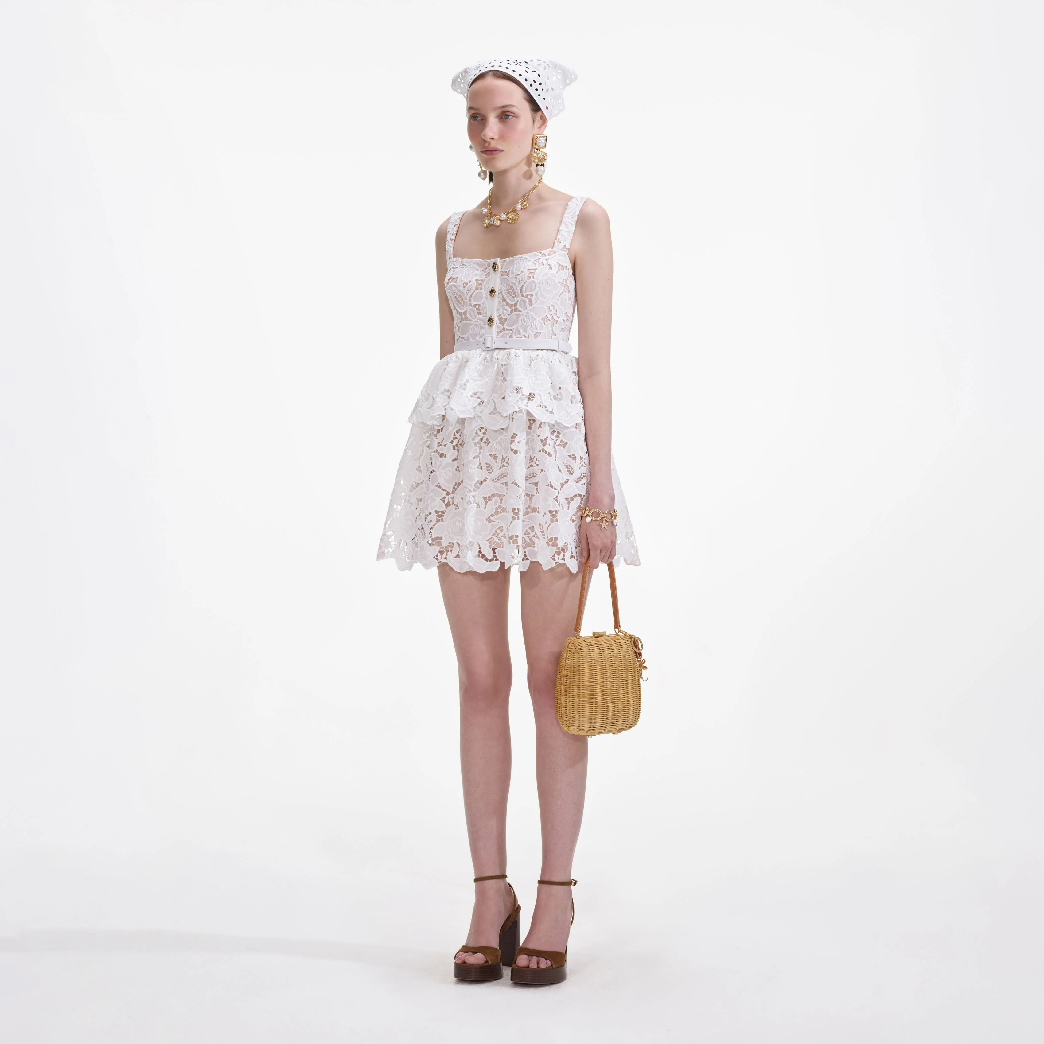 White Lace Tiered Mini Dress