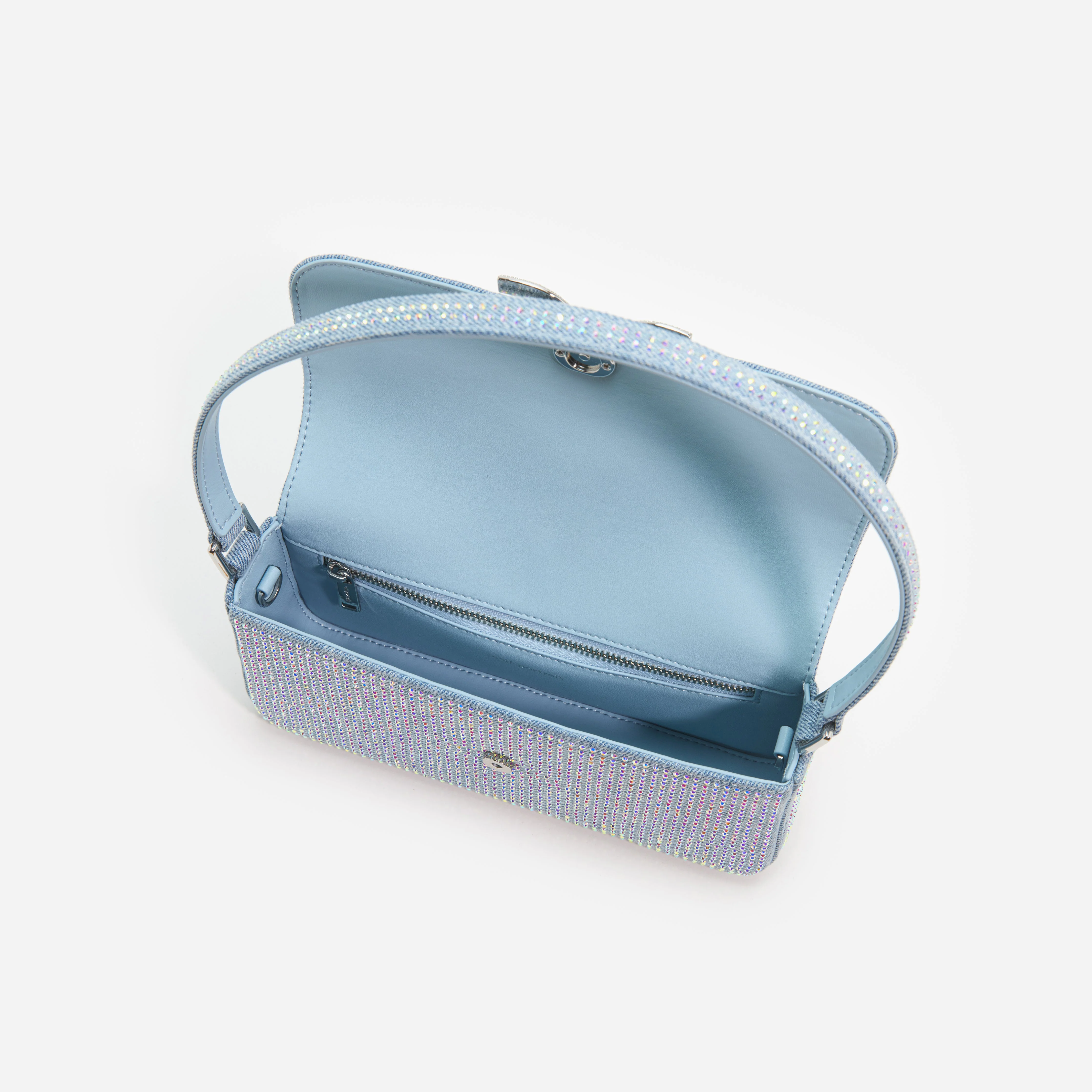 Blue Rhinestone Denim Baguette Bag