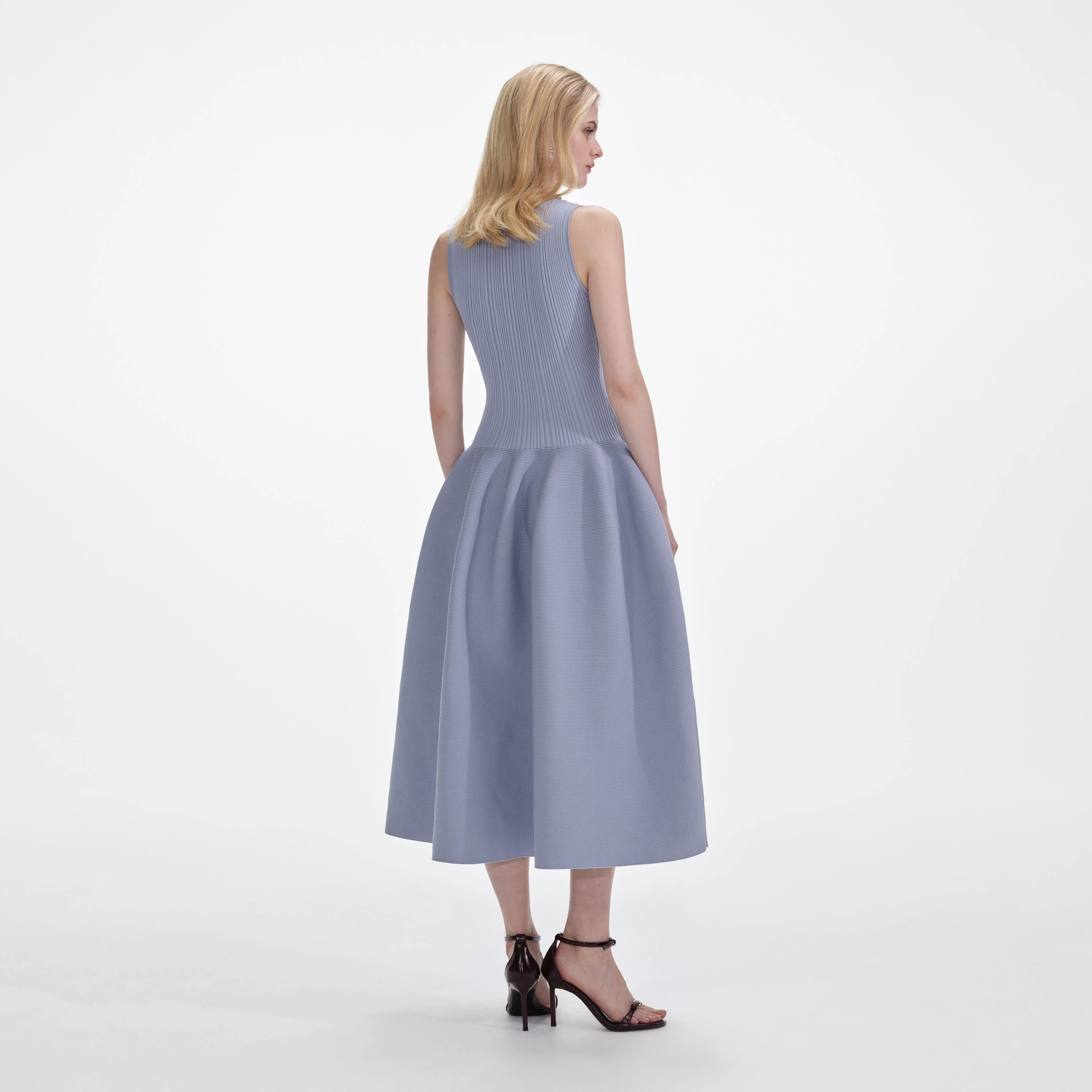 Blue Ribbed Knit Diamante Midi Dress