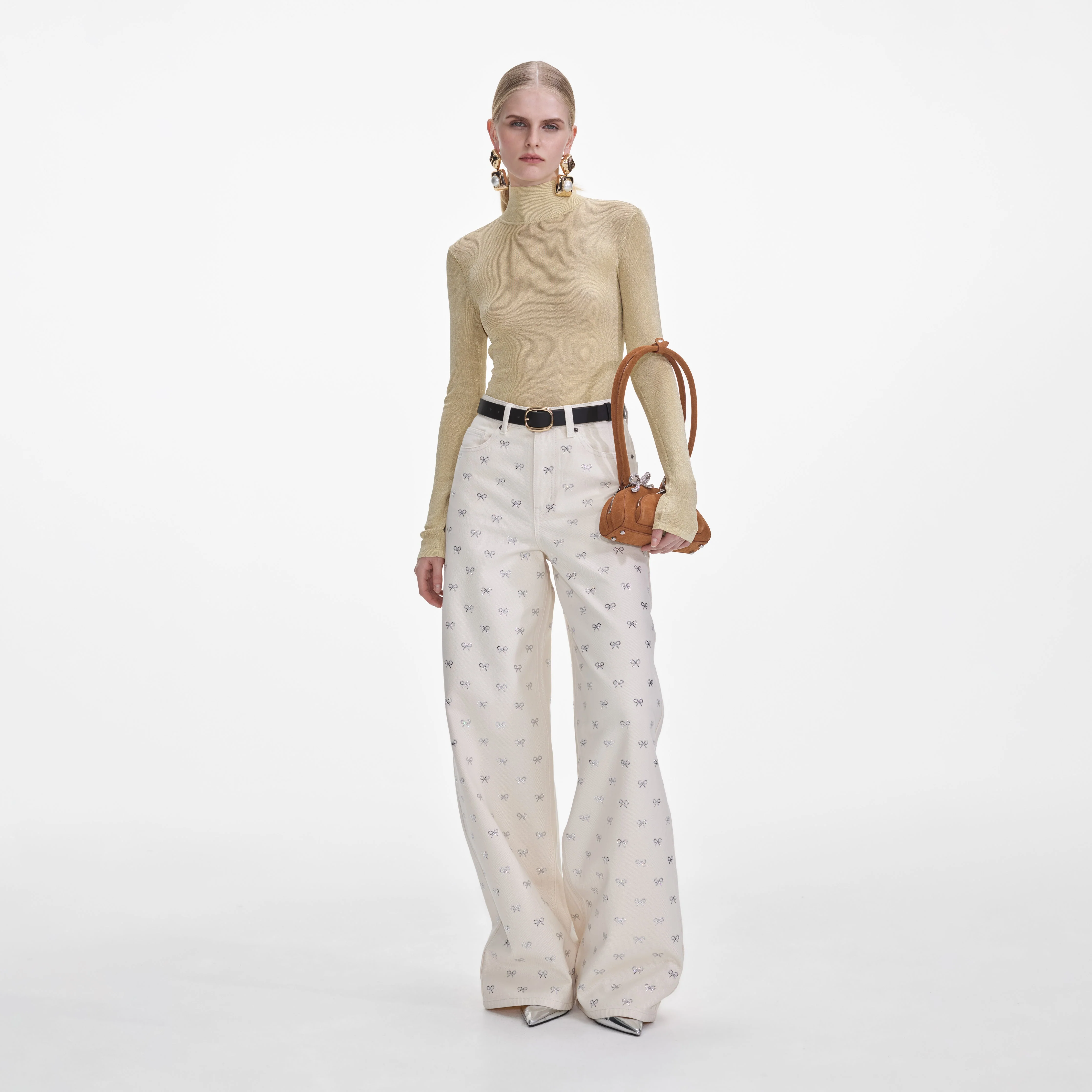 Cream Denim Diamante Bow Jeans