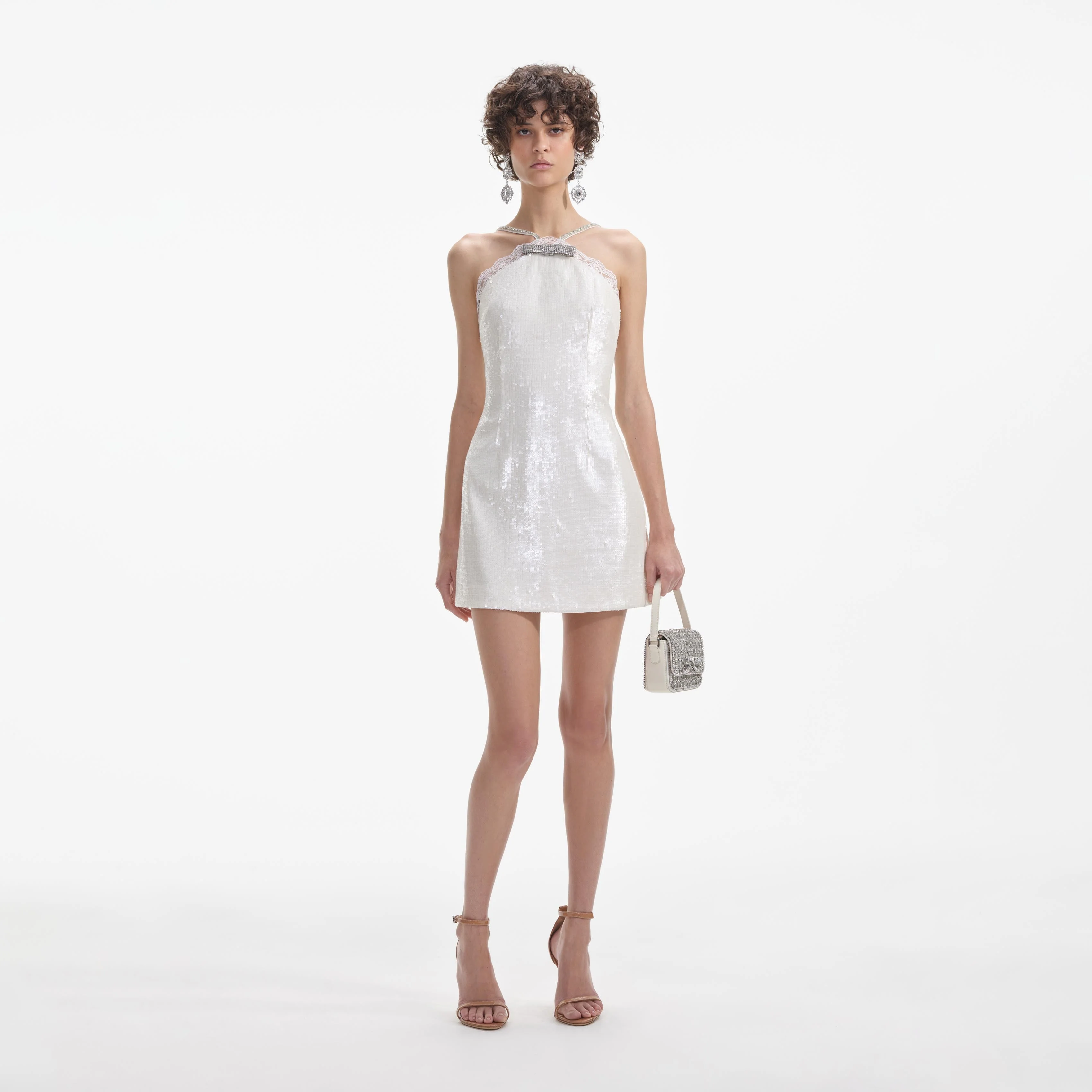 Cream Sequin Halter Mini Dress