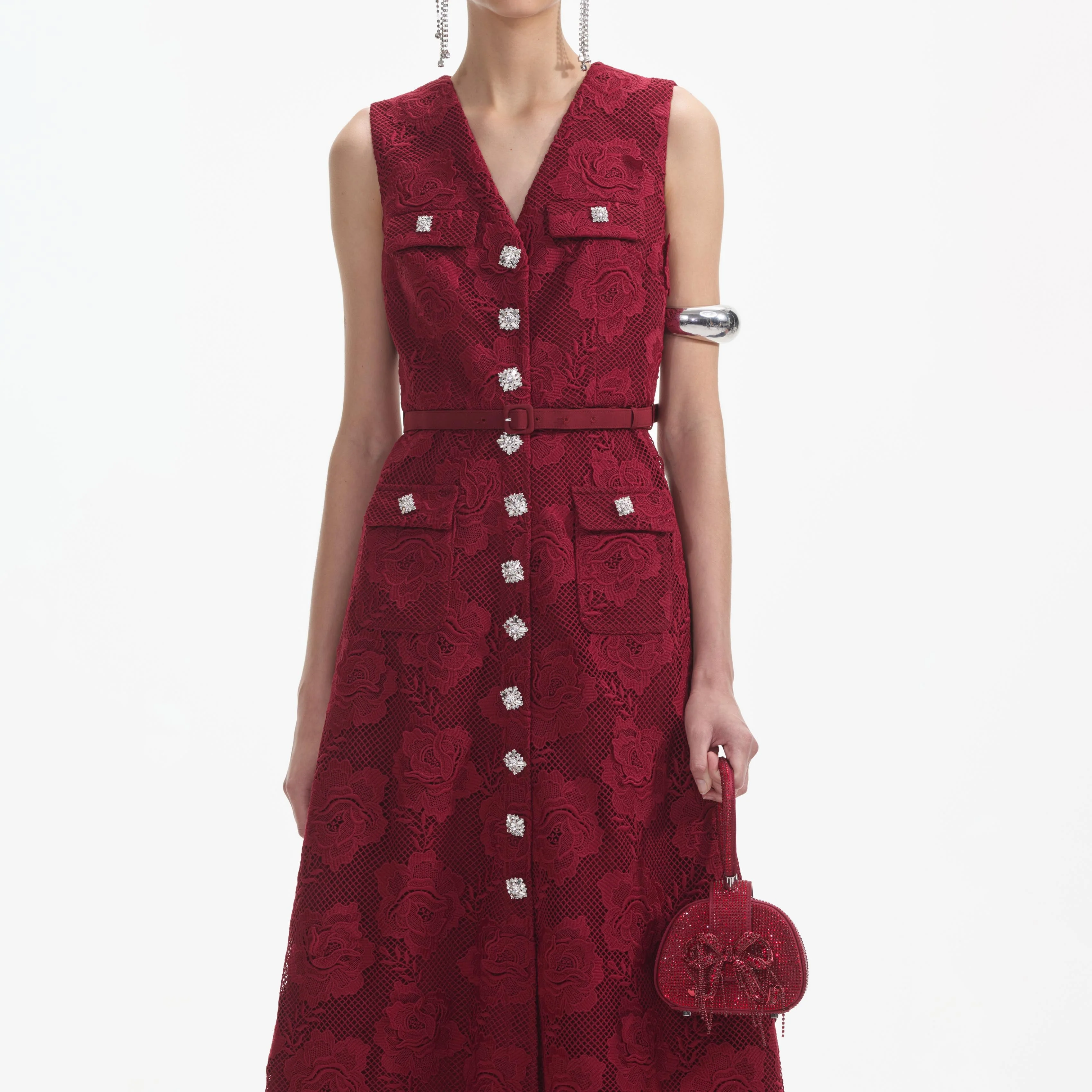 Burgundy Lace Buttoned Midi Dress