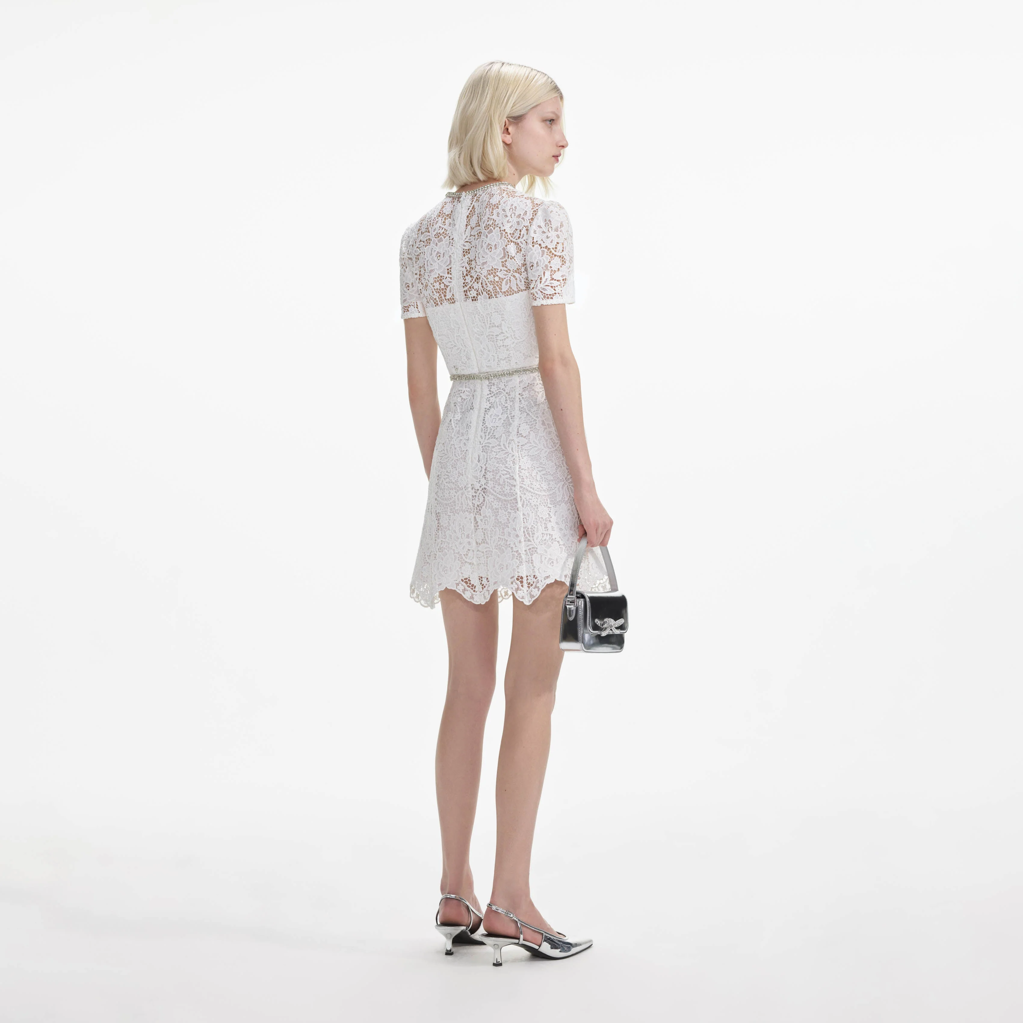 White Lace Diamante Mini Dress