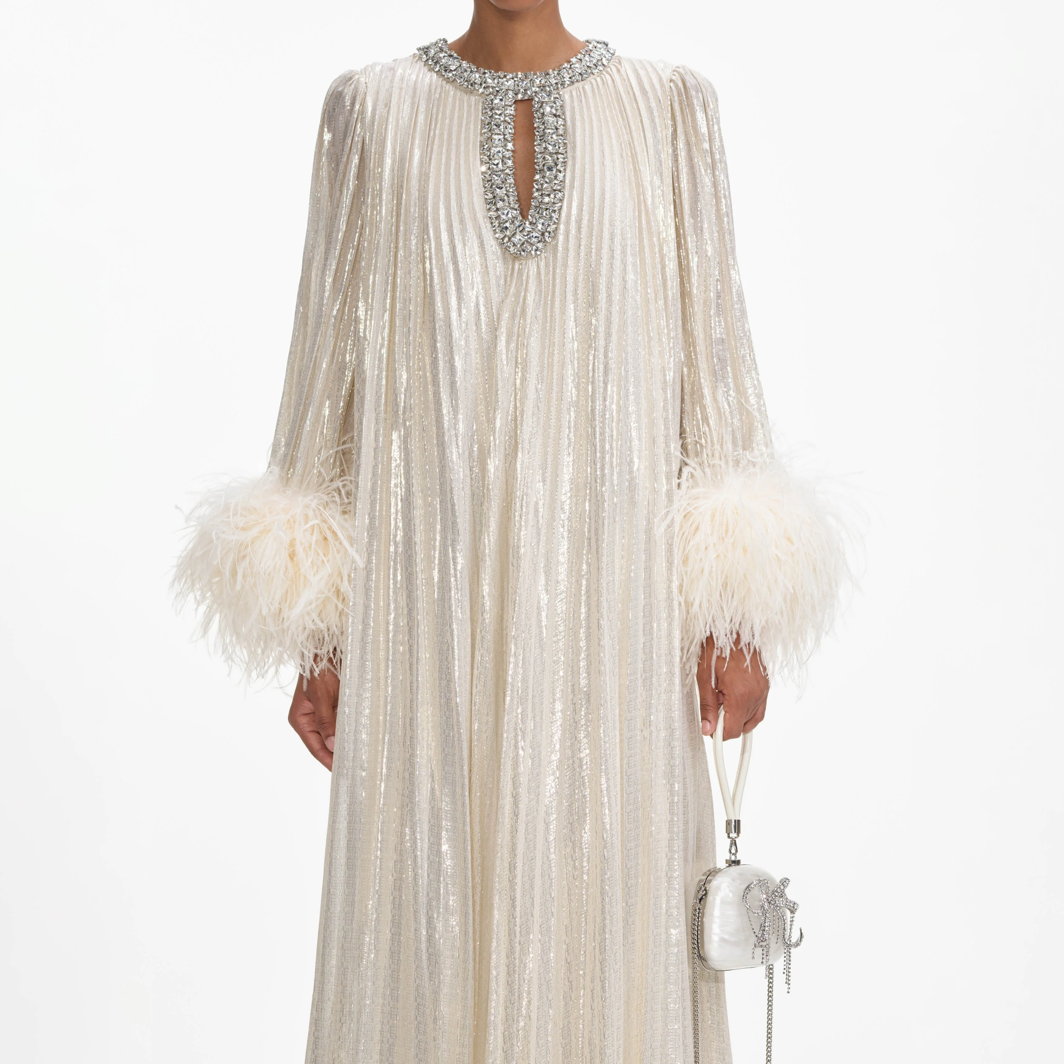 Gold Metallic Feather Maxi Dress