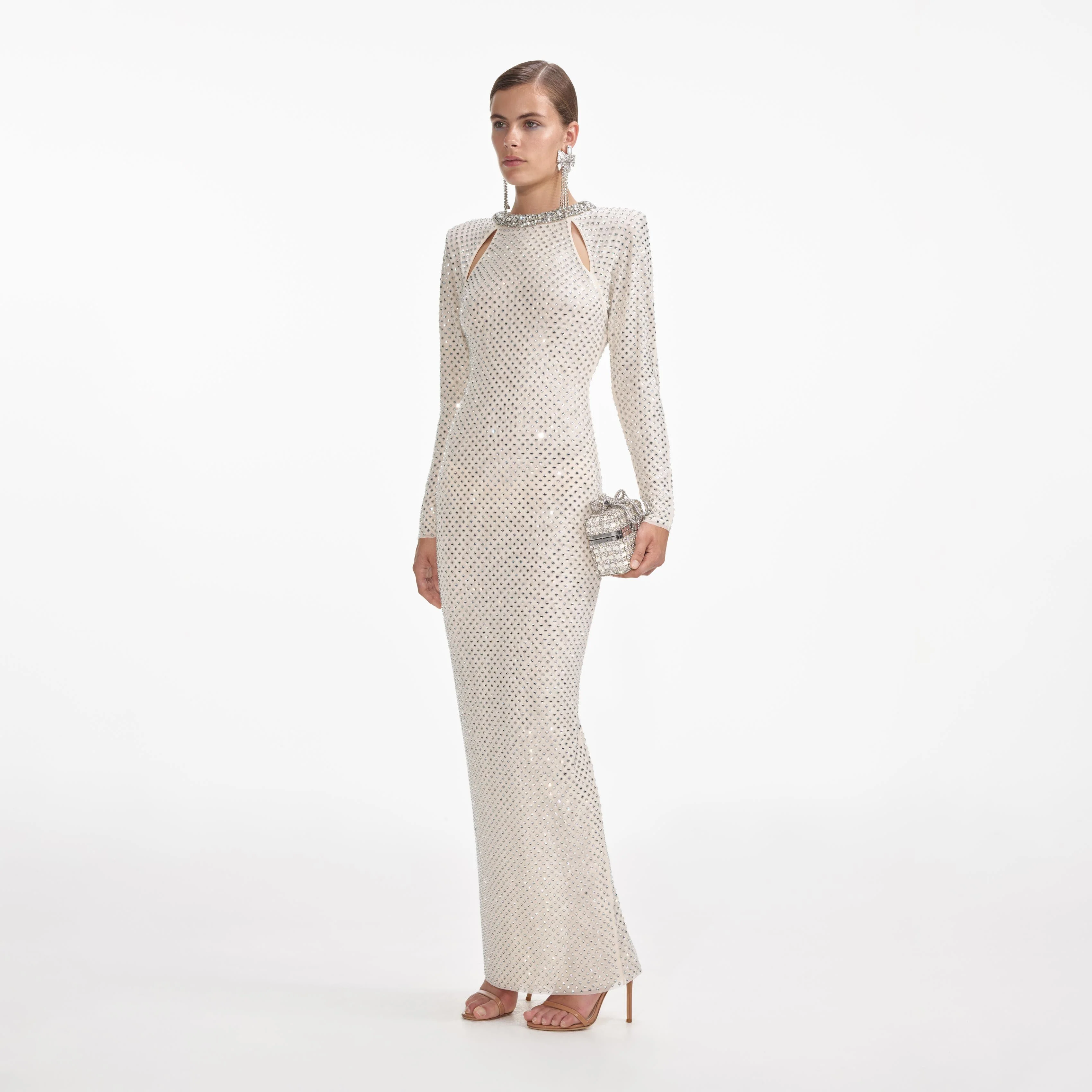 Cream Rhinestone Diamante Trim Maxi Dress