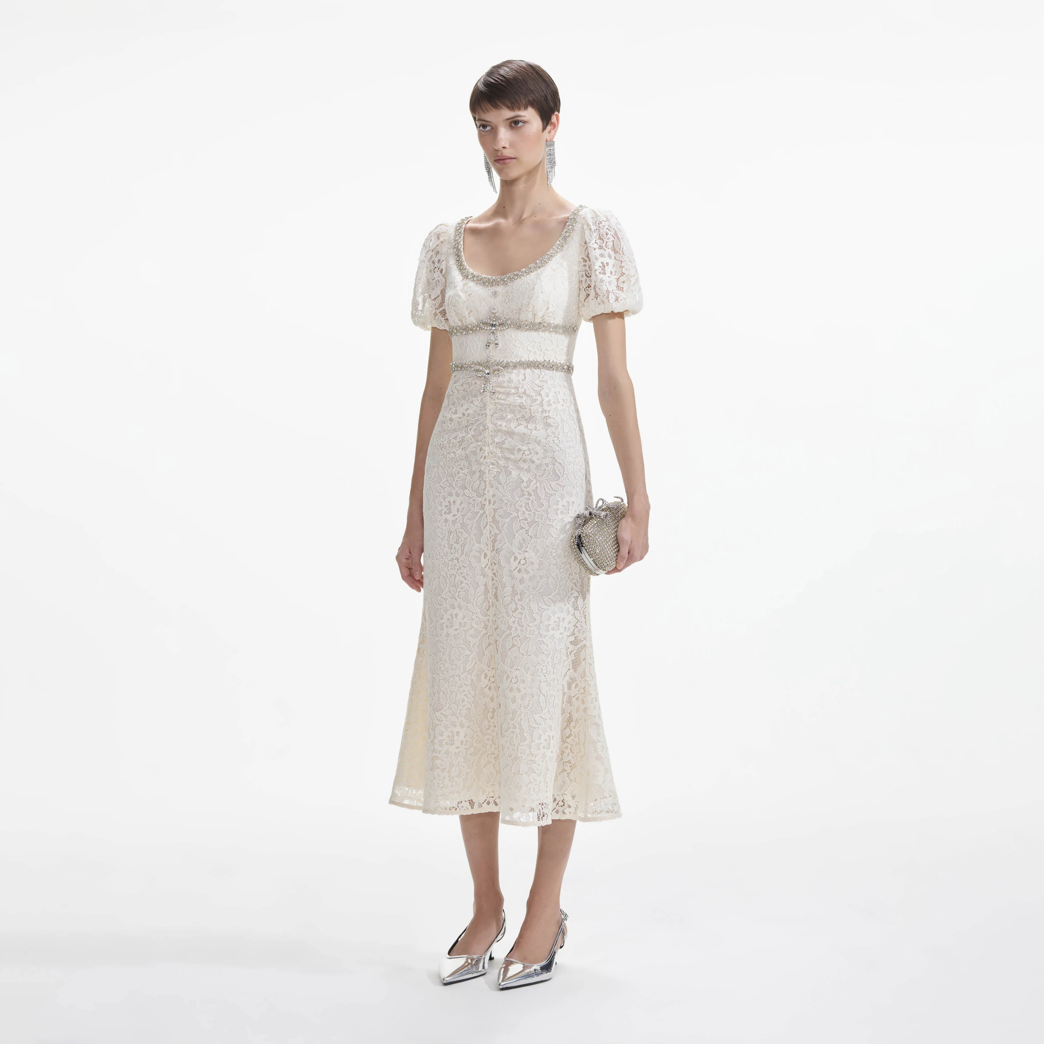 Cream Lace Diamante Trim Midi Dress