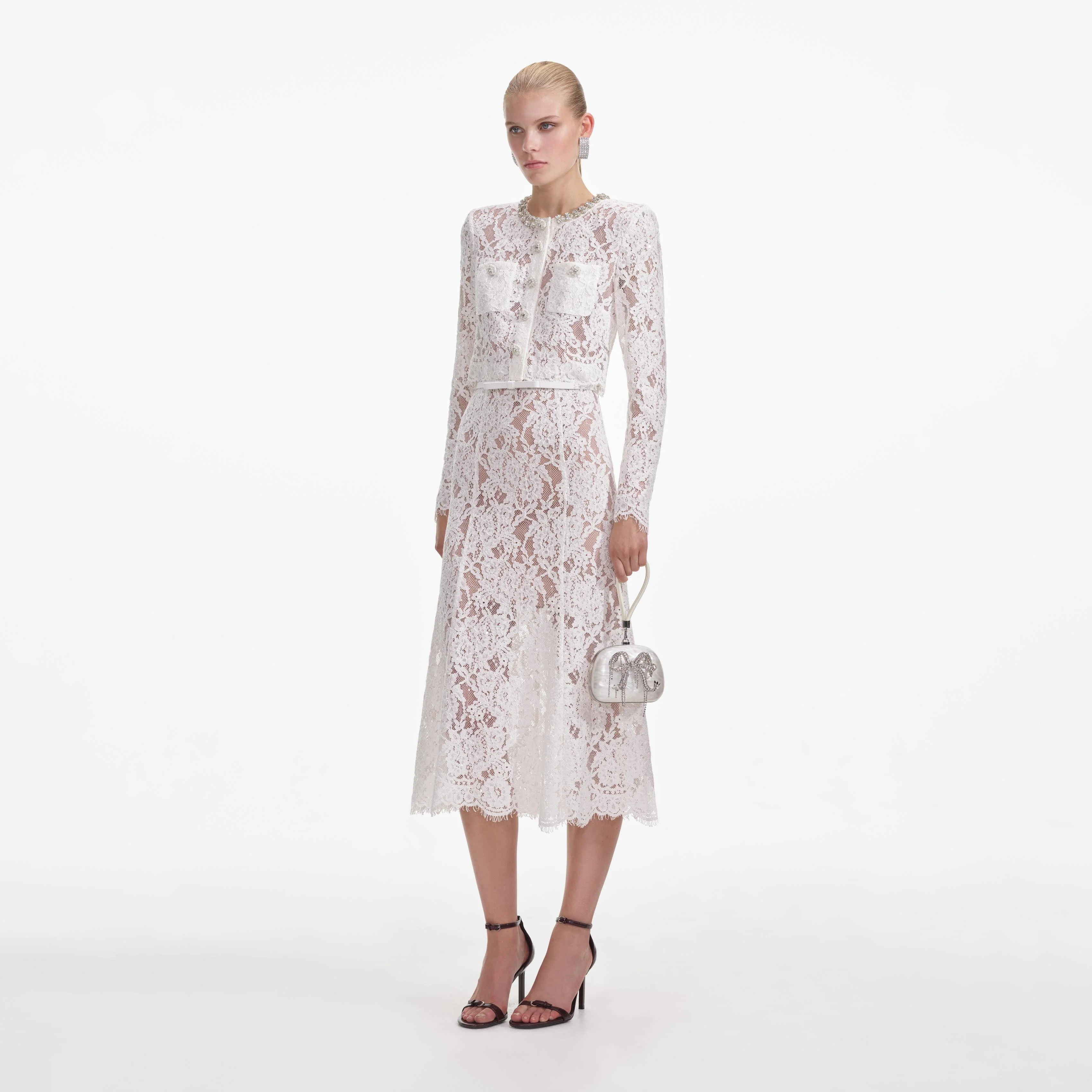 White Lace Embellished Midi Dress