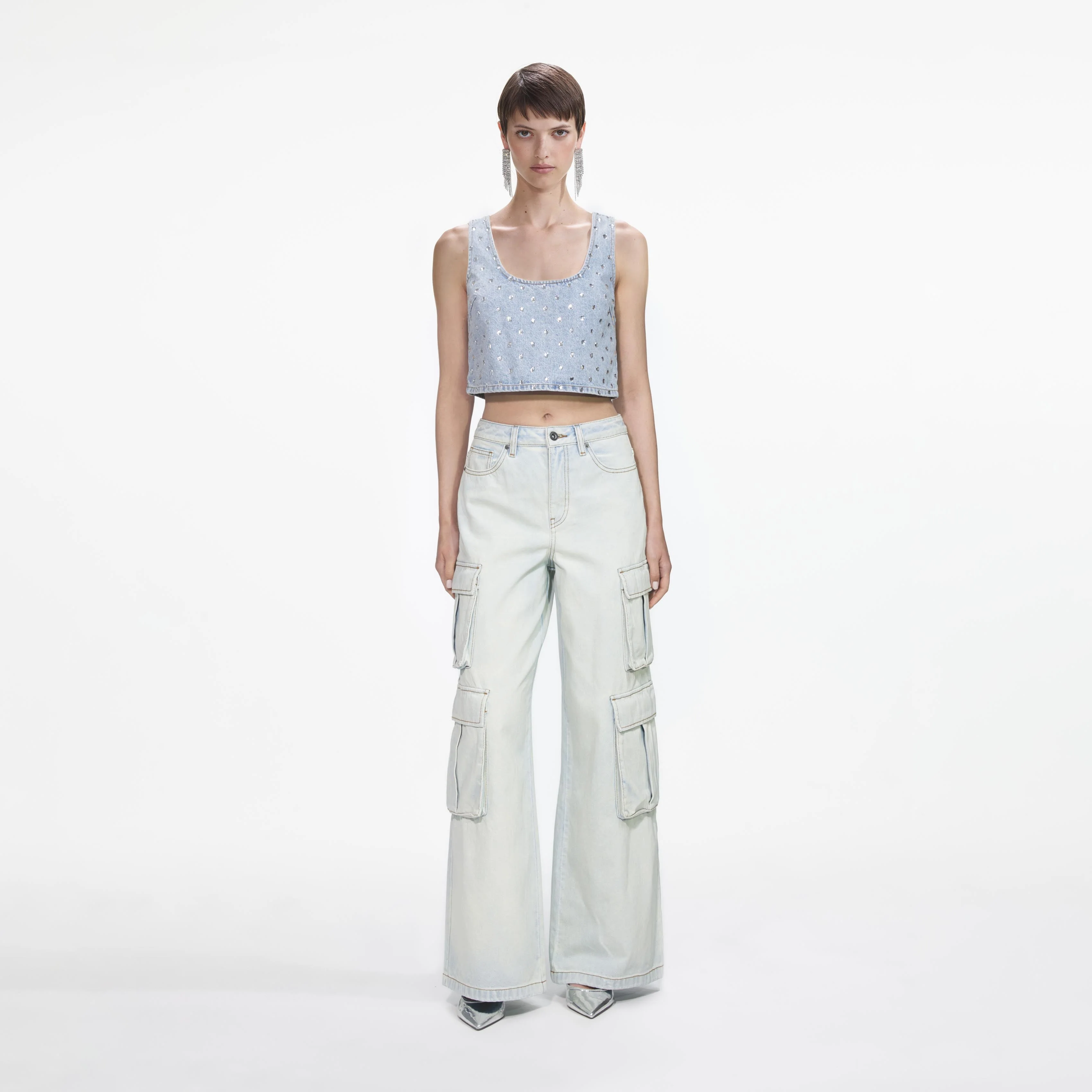 Bleach Wash Denim Cargo Jeans