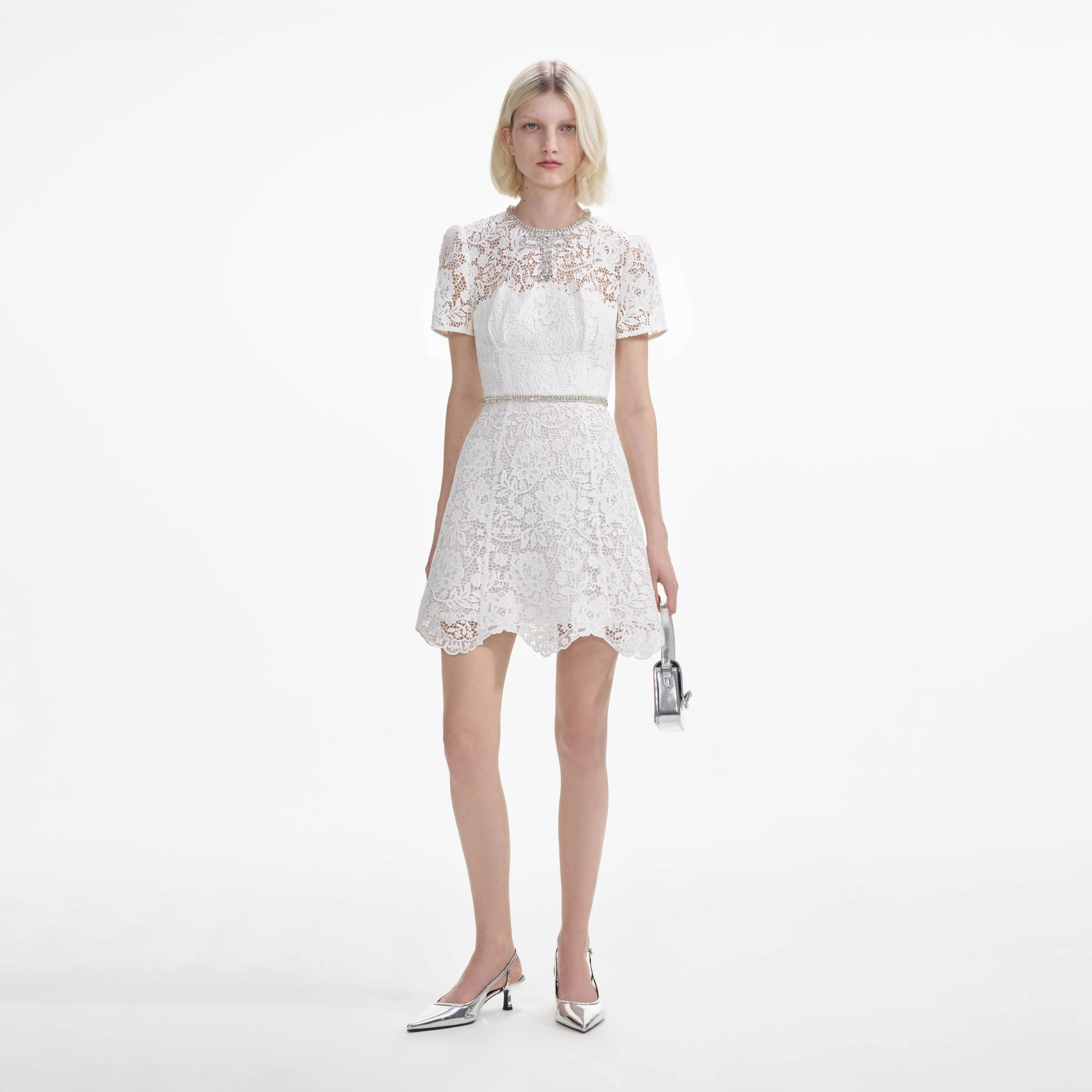 White Lace Diamante Mini Dress