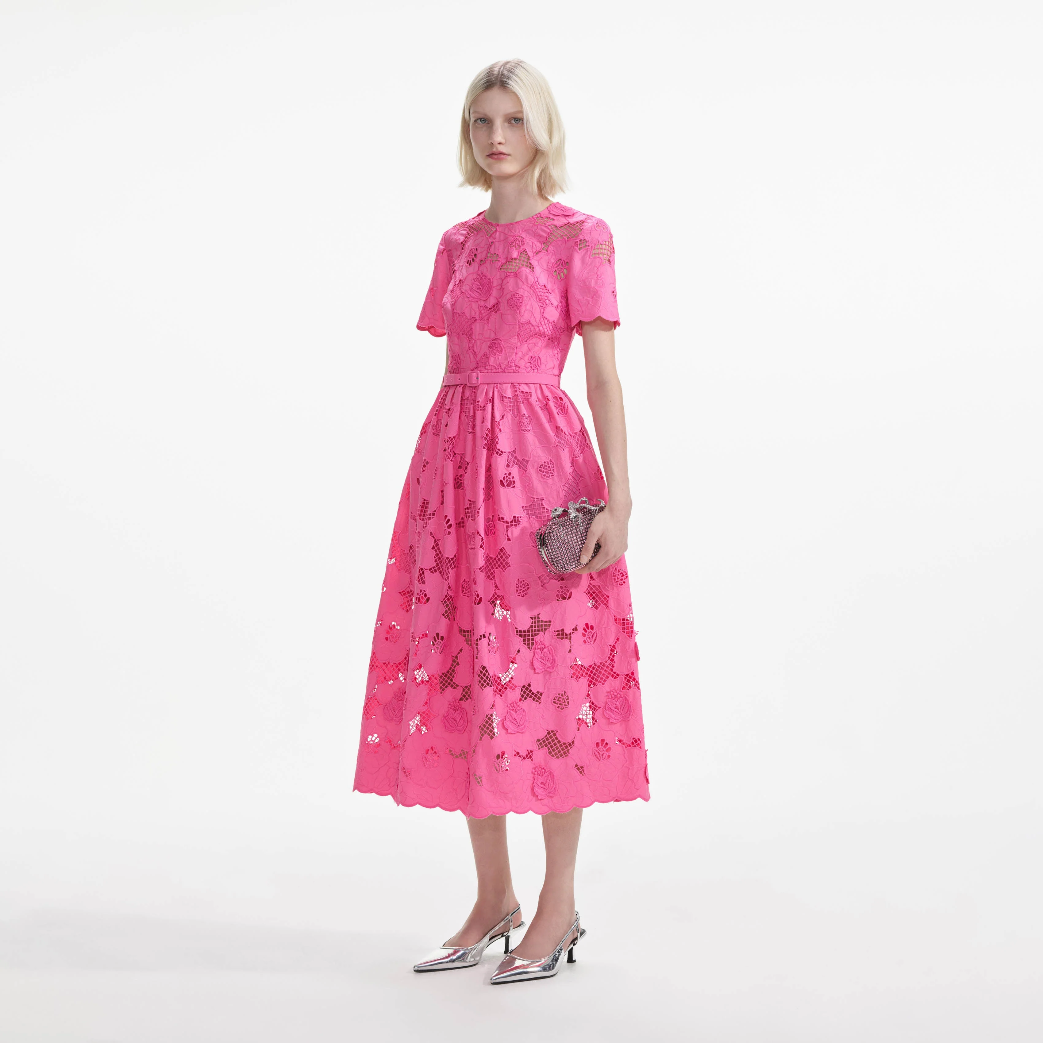 Pink Cotton Lace  Midi Dress