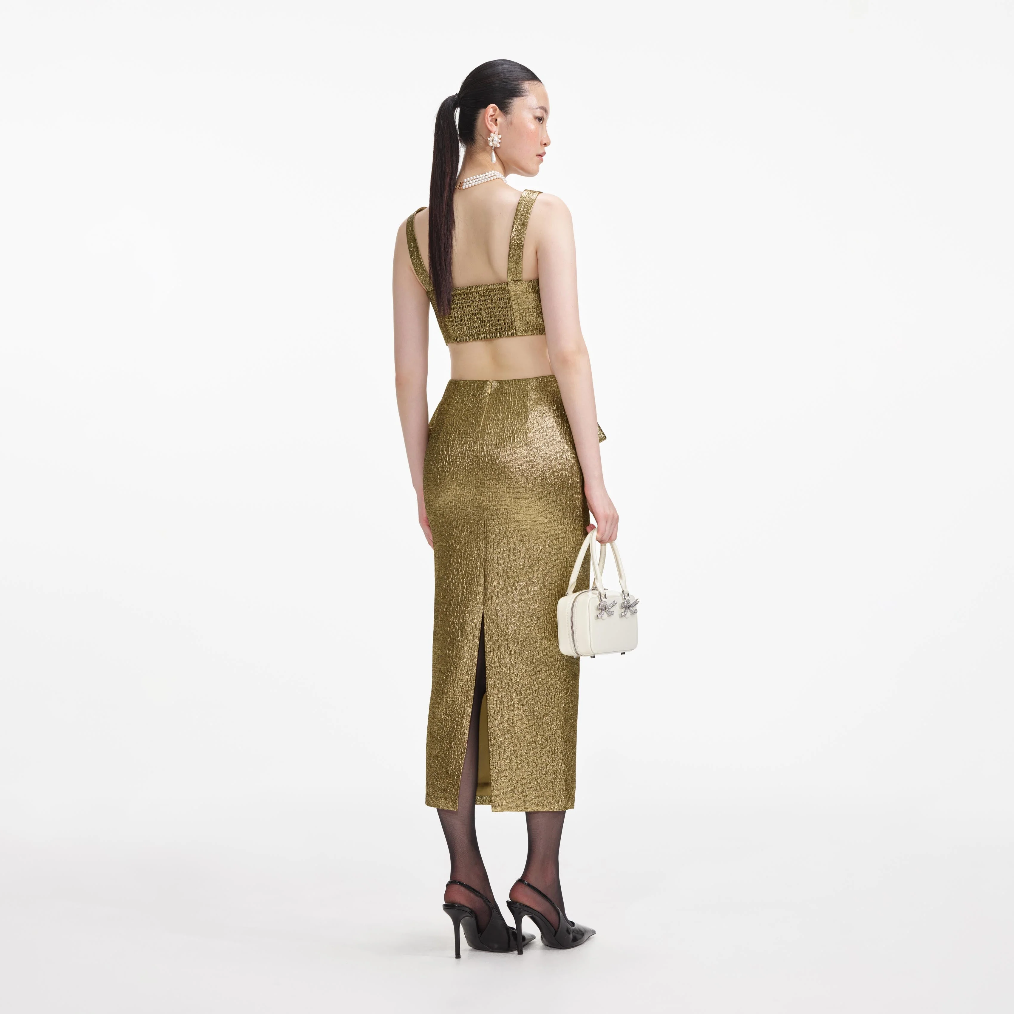 Gold Metallic Jacquard Midi Skirt